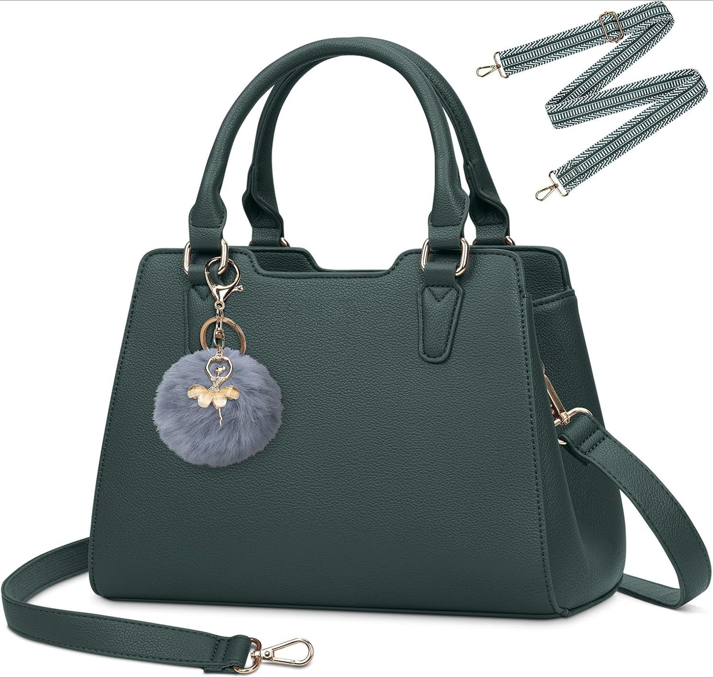 Women's Top Handle Tote Bag PU Faux Leather Shoulder Bag Women's Wallet Handbag with Cute Pom Pom