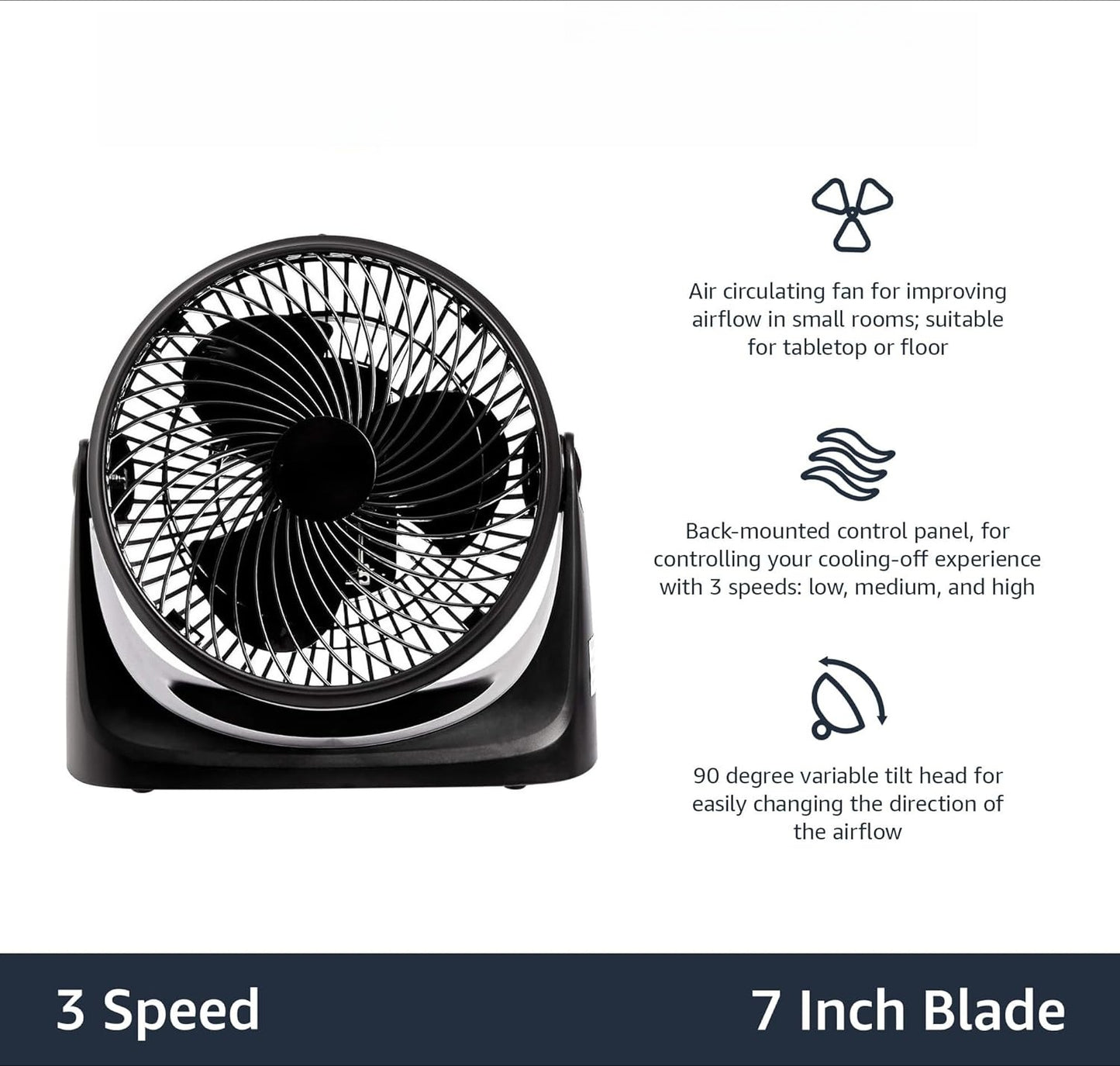OMOMMD Air Circulator Desk Fan for Bedroom, Home and Office, 90-Degree Tilt Head, 3 Speed Settings, Cooling, 35 Watts, Black, 11.1"W x 6.3"D x 10.9"H