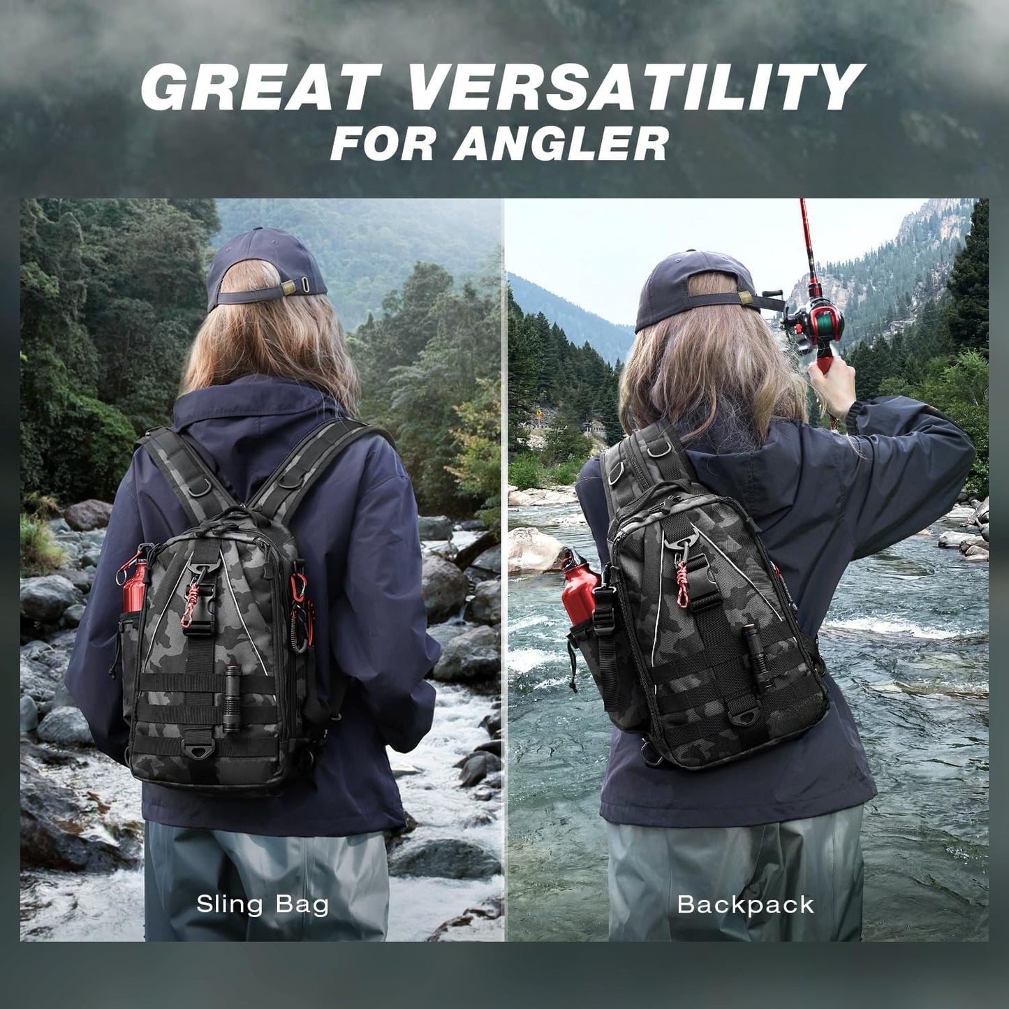 Fishing Backpack Tackle Sling Bag-Backpack with Rod Holder- Lightweight Tackle Box