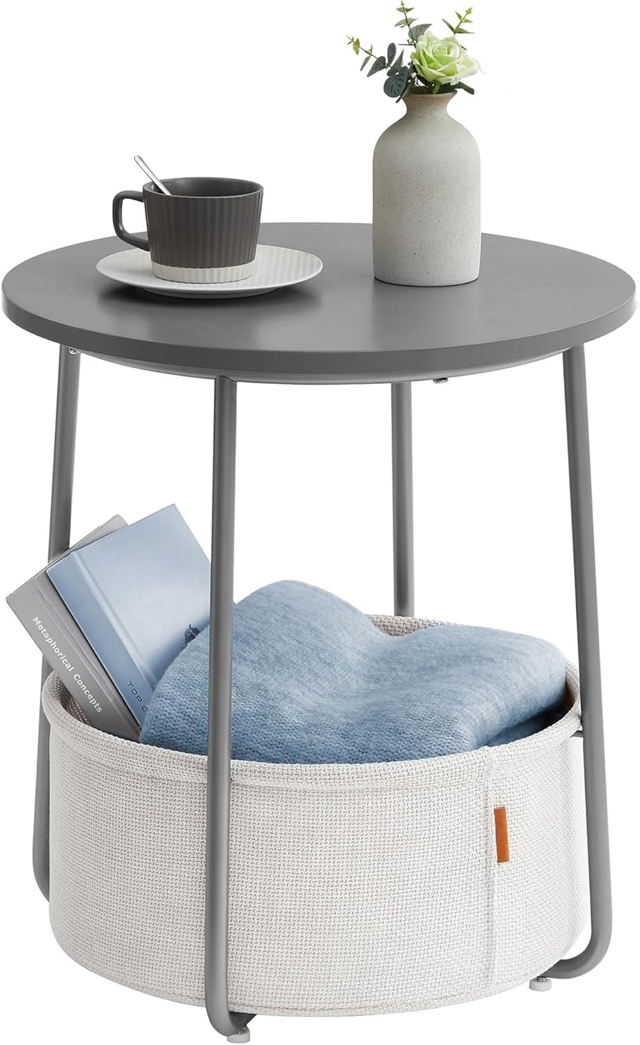 Small Round Side End Table, Modern Nightstand with Fabric Basket