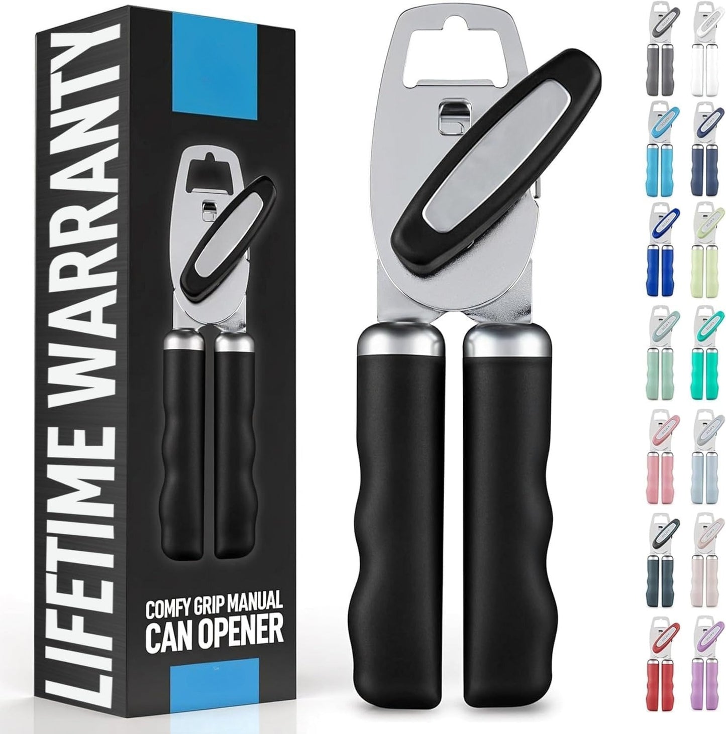 with Bottle Opener - Rust Proof Manual Can Opener With Turn Knob & Comfy Soft Grip Handles