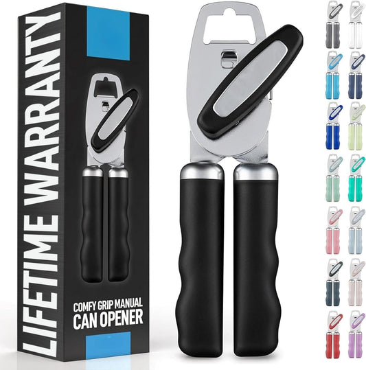 with Bottle Opener - Rust Proof Manual Can Opener With Turn Knob & Comfy Soft Grip Handles