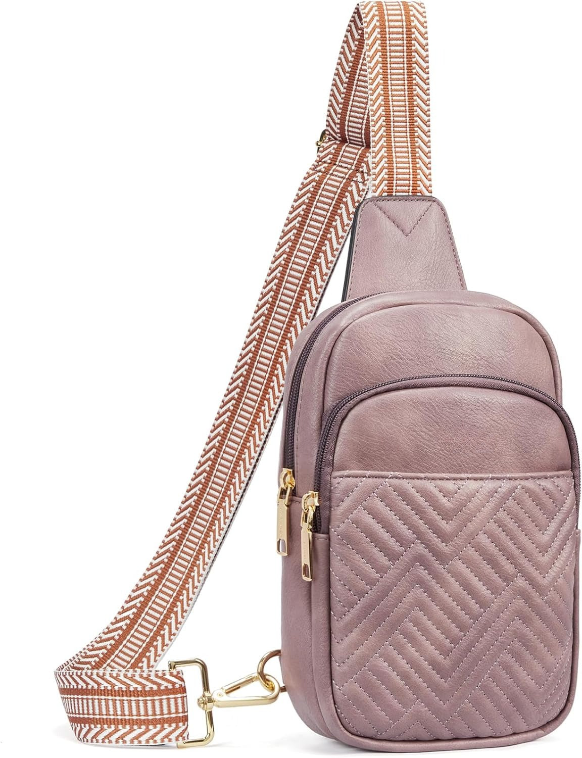 Sling Bag Quilted Crossbody Bags for Women Cross Body Purse Leather Fanny Pack with Adjustable Guitar Strap