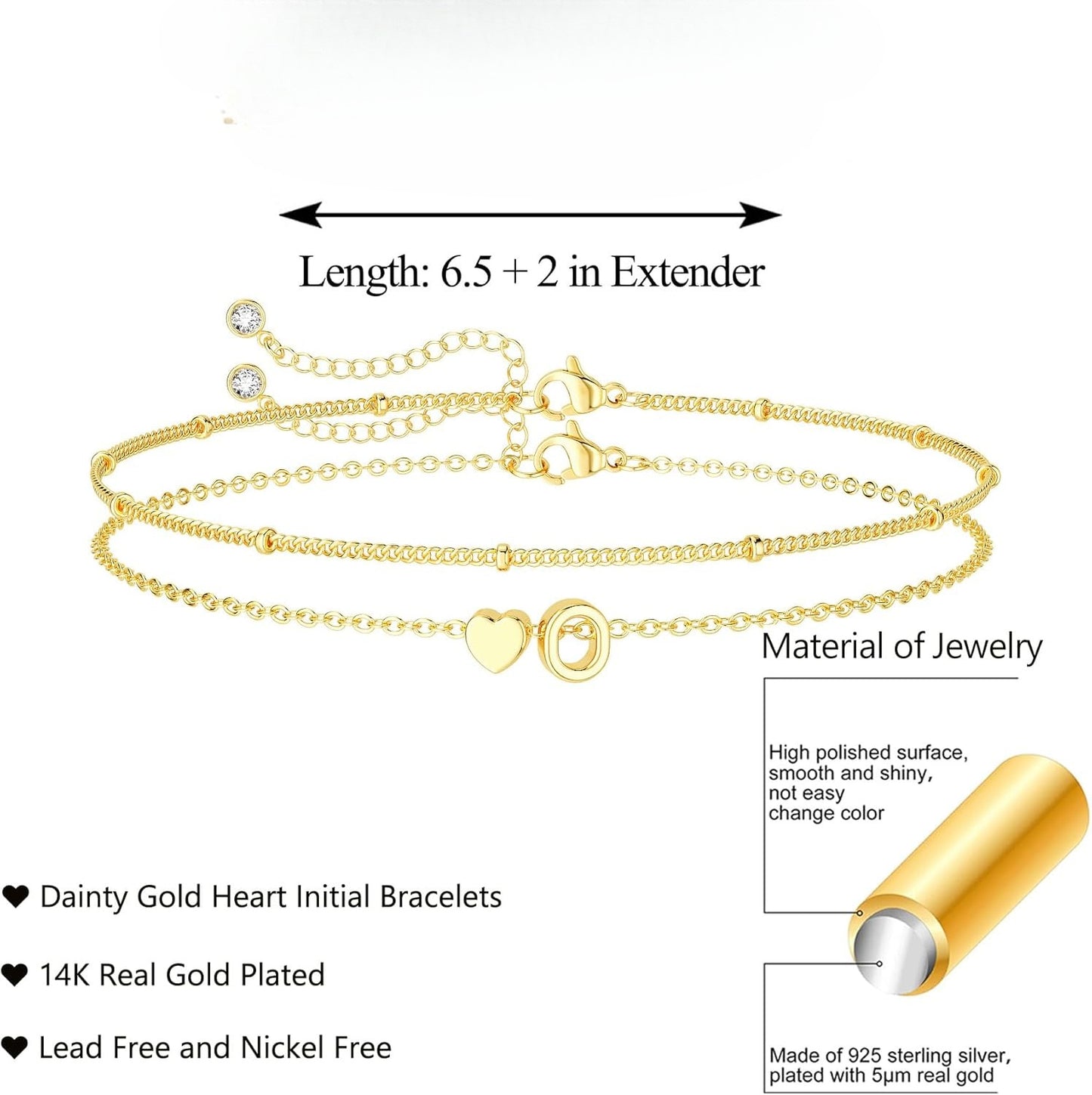 Dainty Initial Heart Gold Bracelets for Women Trendy, 14K Real Gold Letter Charm Bracelet Jewelry