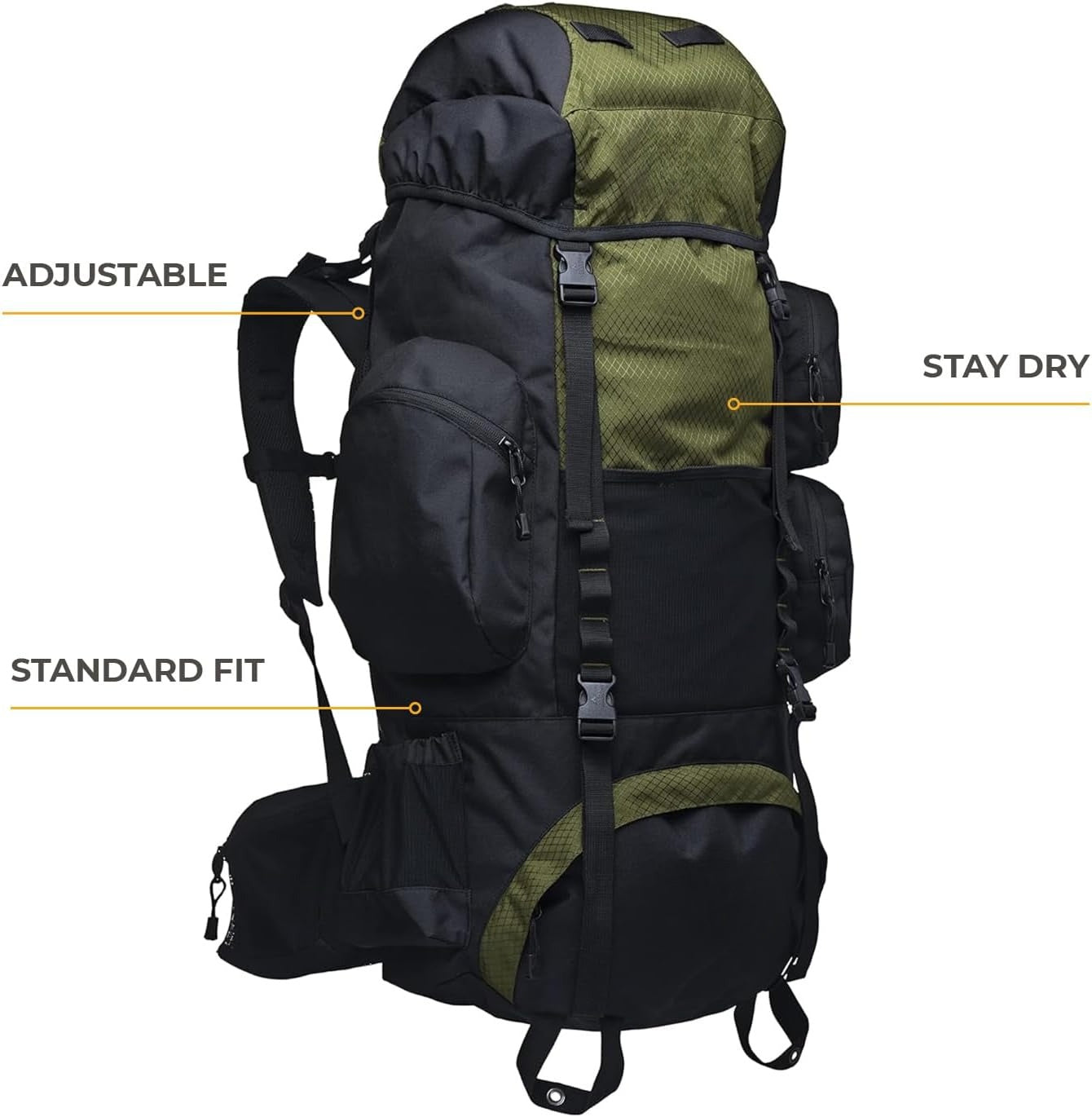 65L Internal Frame Backpack for Hiking, Camping, Backpacking, Rain Cover Included, Olive