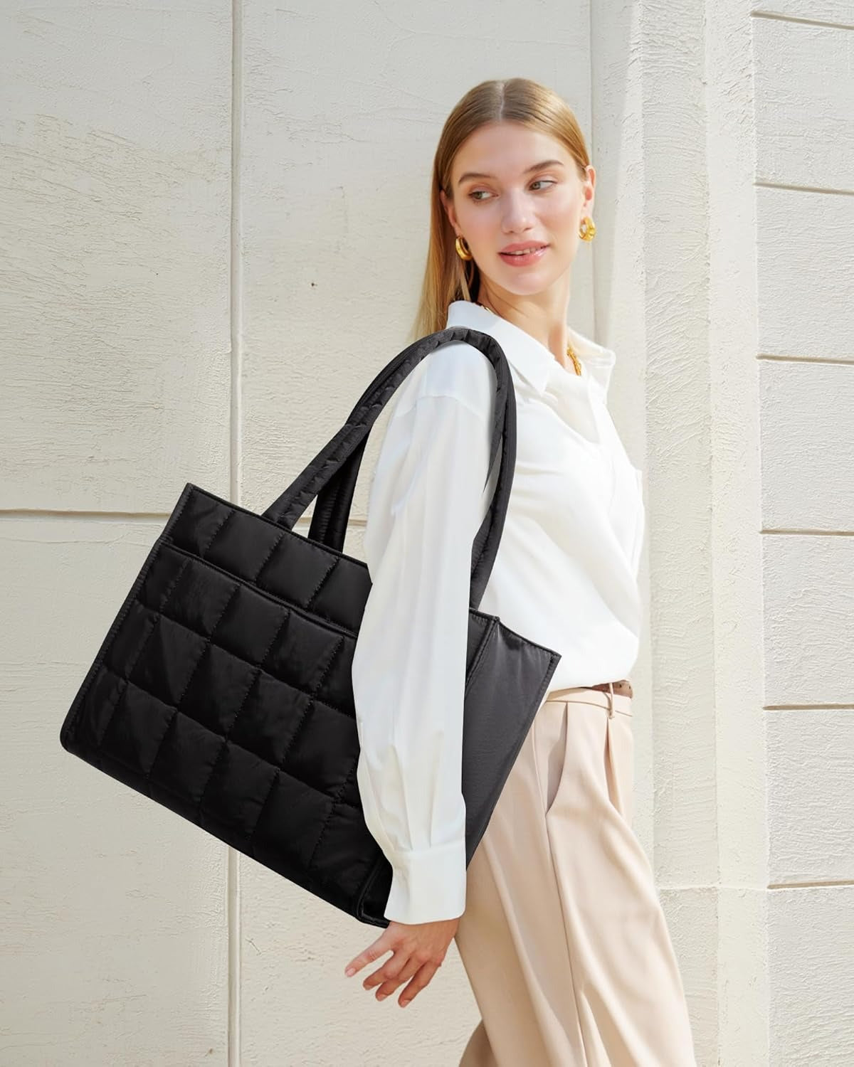 15.6 Inch Tote Bag for Women, Puffer Work Handbag Laptop Purse , Large Quilted Travel Tote