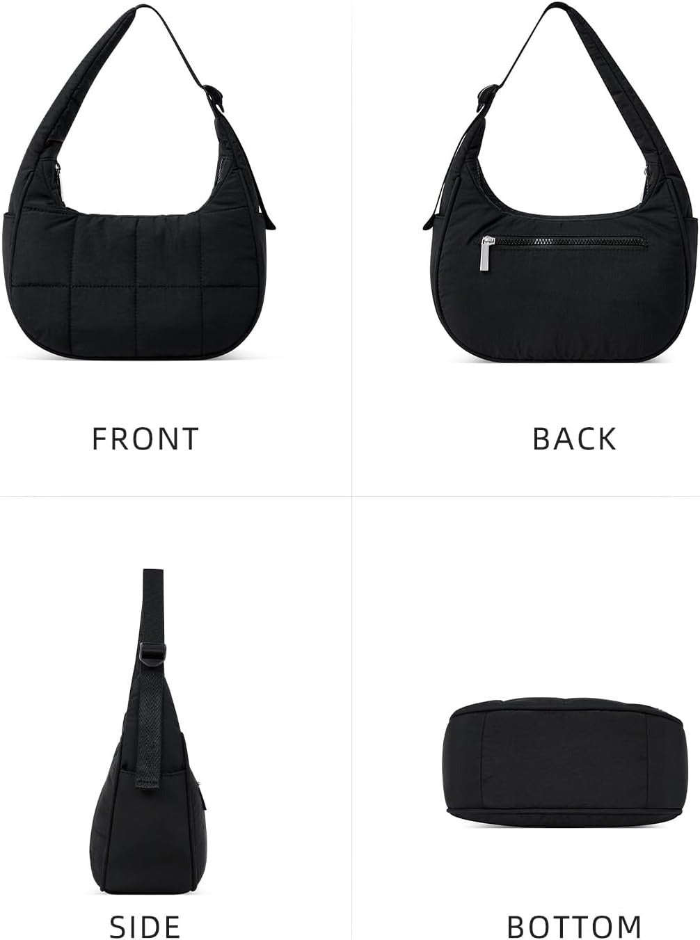 Crescent Shoulder Bag for Women, Nylon Quilted Shoulder Purses, Puffy Handbags with Adjustable Strap