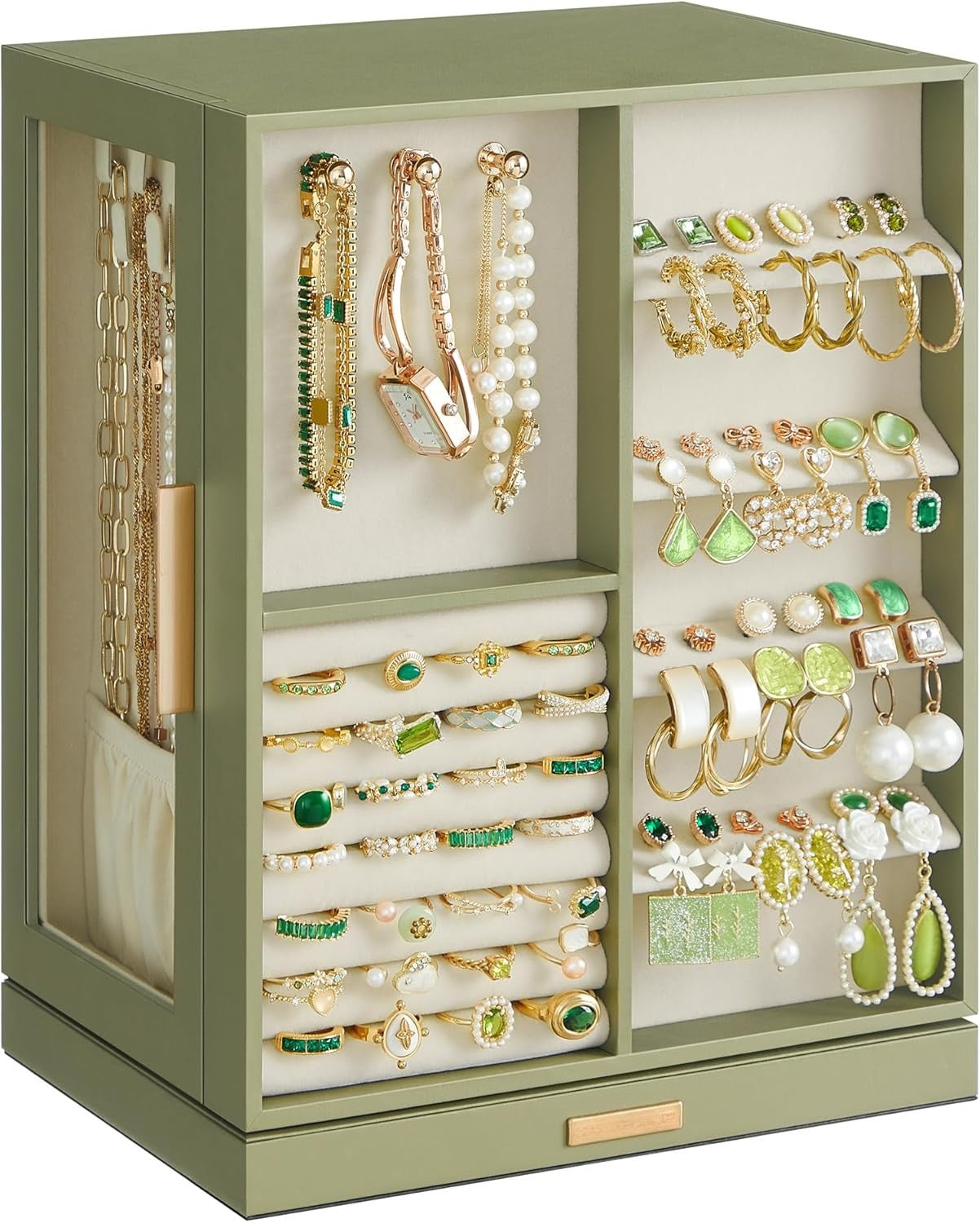 360° Rotating, Jewelry Storage Case with 5 Drawers, Jewelry Organizer, Glass Window