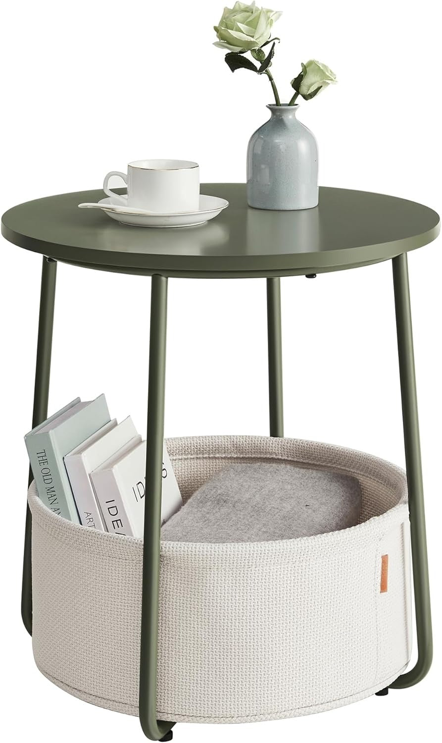 Small Round Side End Table, Modern Nightstand with Fabric Basket