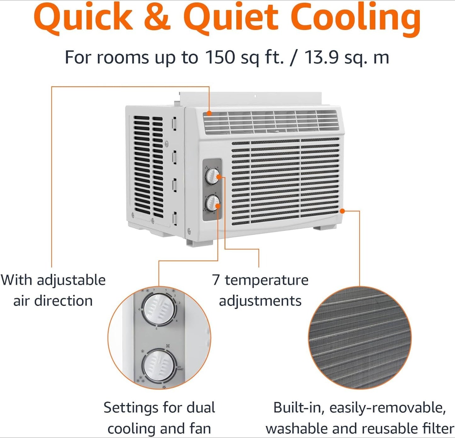 OMOMMD 5000-BTU Window Air Conditioner with Quiet Operation, Up to 150 Sqf, Cool and Fan Functions, Washable Filter, Adjustable Window Kit, Intuitive Mechanical Controls, for Small Room, White