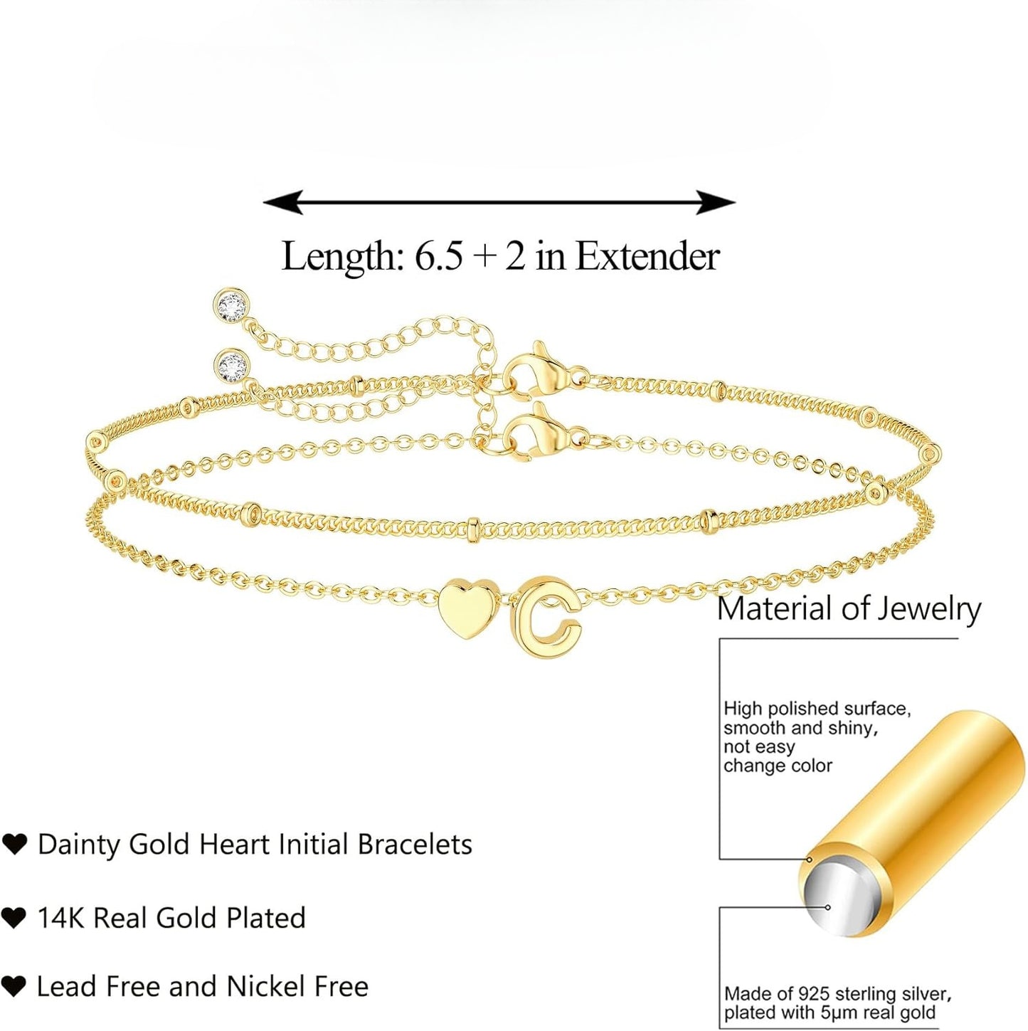 Dainty Initial Heart Gold Bracelets for Women Trendy, 14K Real Gold Letter Charm Bracelet Jewelry