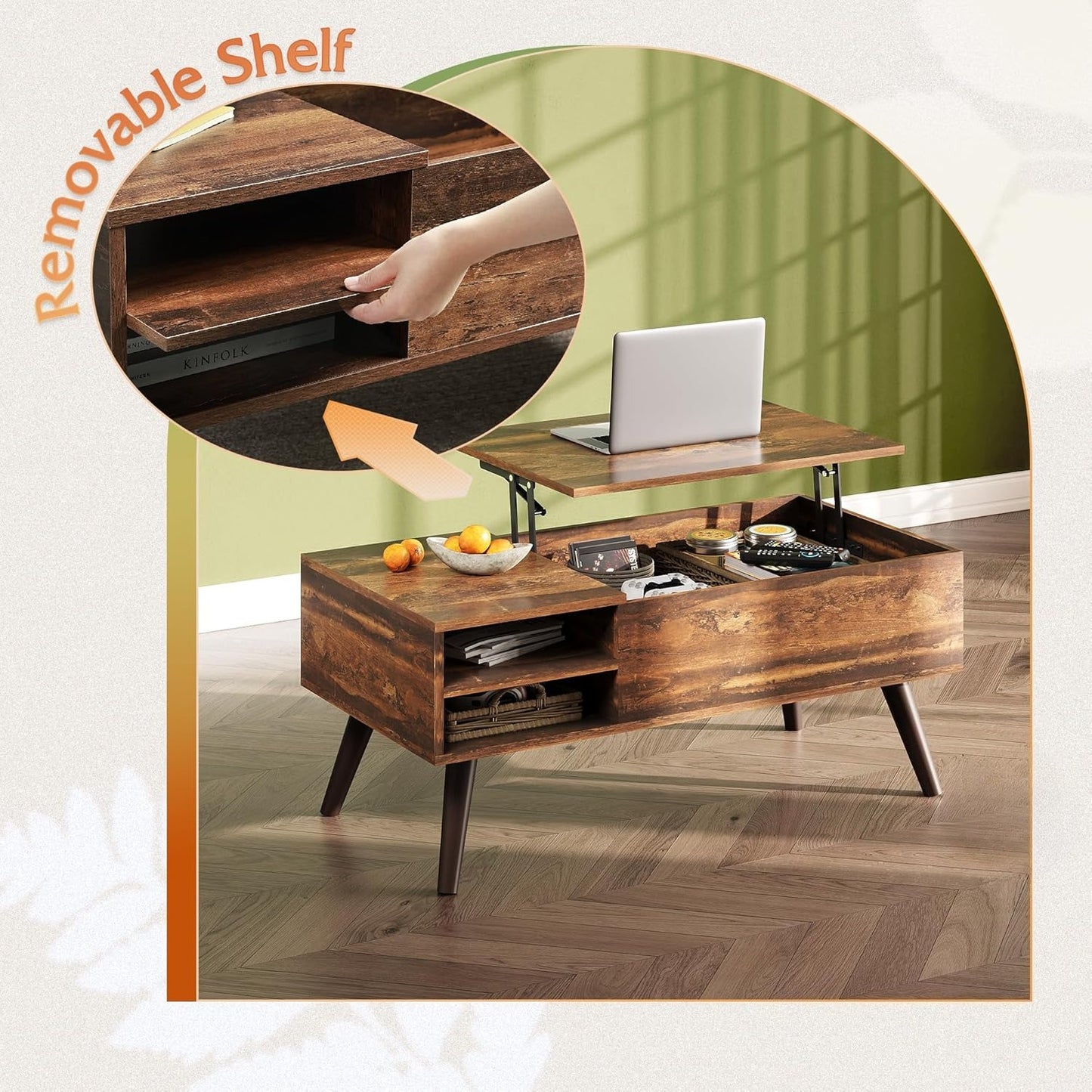 Lift Top Coffee Table for Living Room, with Storage, Adjustable Shelf and Storage Compartment