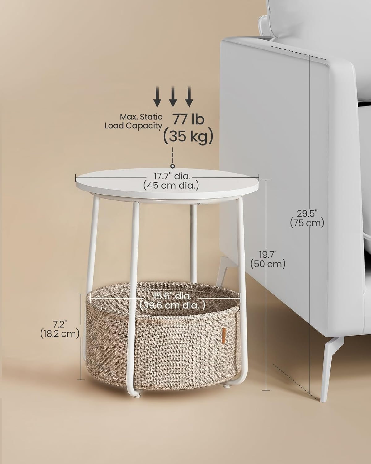Small Round Side End Table, Modern Nightstand with Fabric Basket