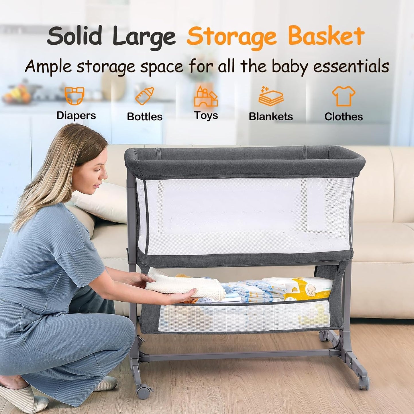 Adjustable 7 Heights and All Mesh Sides,Bedside Bassinet for Baby, Portable Baby Bassinet Bedside Sleeper