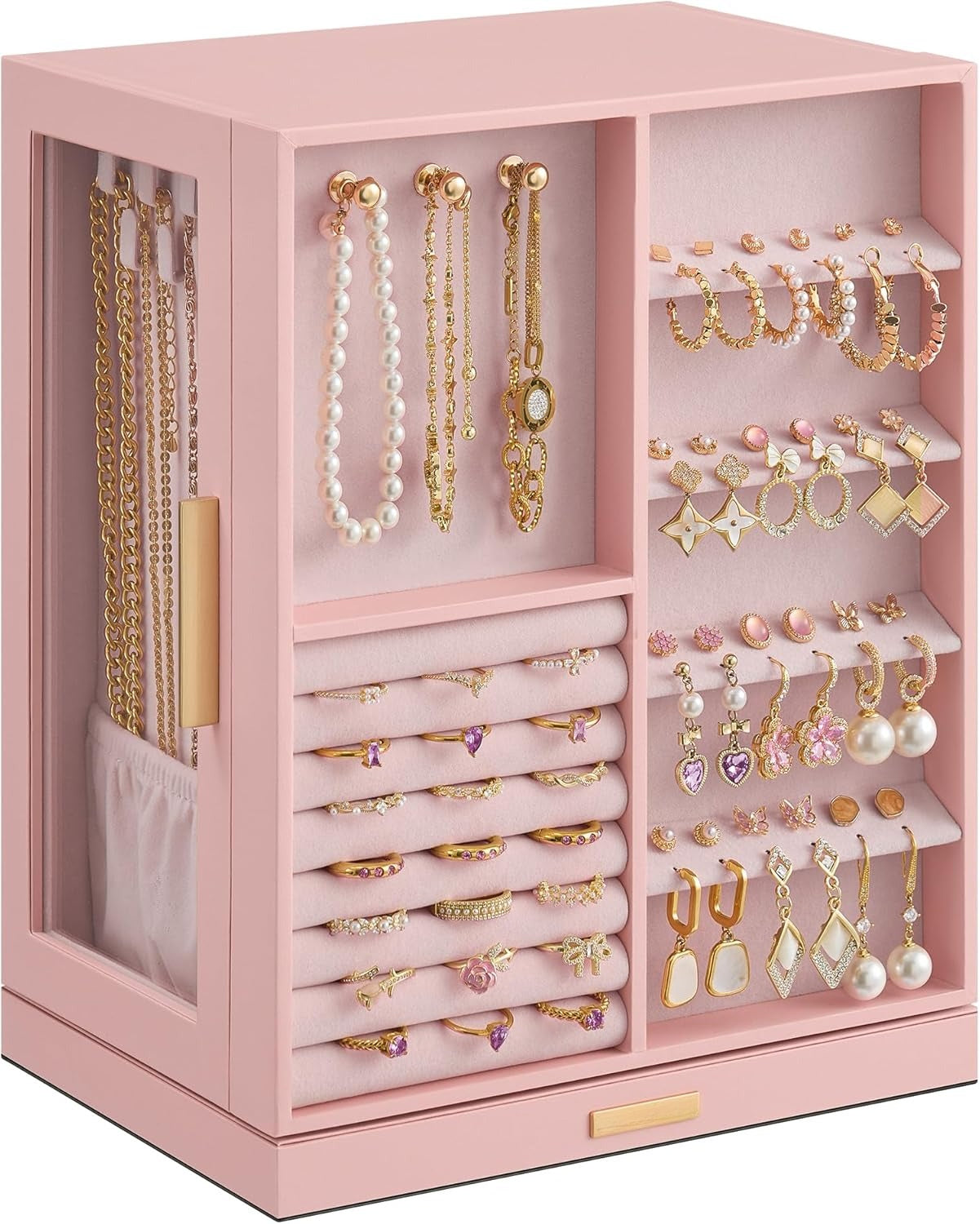 360° Rotating, Jewelry Storage Case with 5 Drawers, Jewelry Organizer, Glass Window