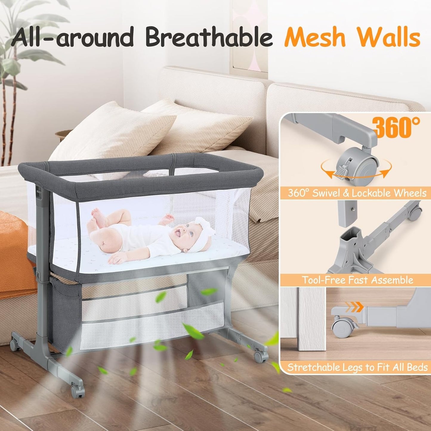 Adjustable 7 Heights and All Mesh Sides,Bedside Bassinet for Baby, Portable Baby Bassinet Bedside Sleeper