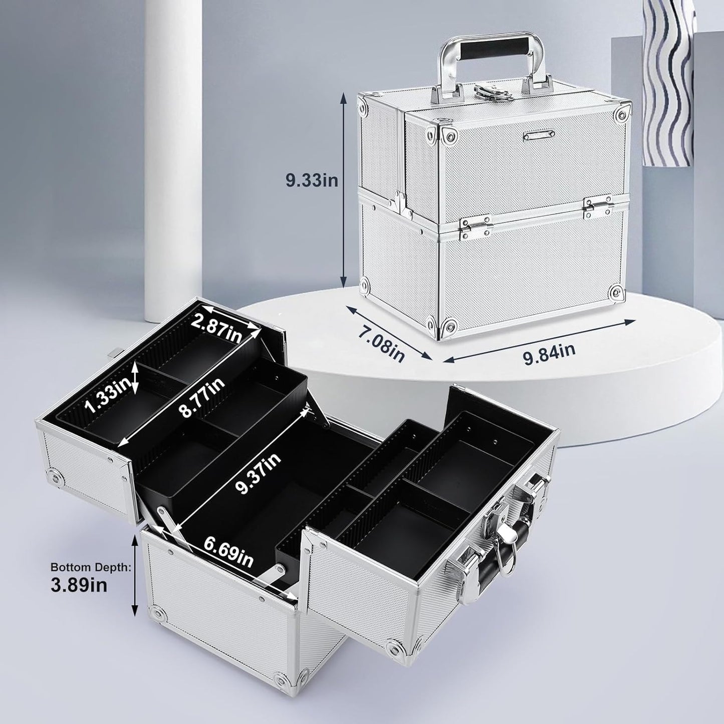 Makeup Organizer Box Portable Cosmetic Travel Case with Lock 4 Trays Aluminum Hard Vanity Box