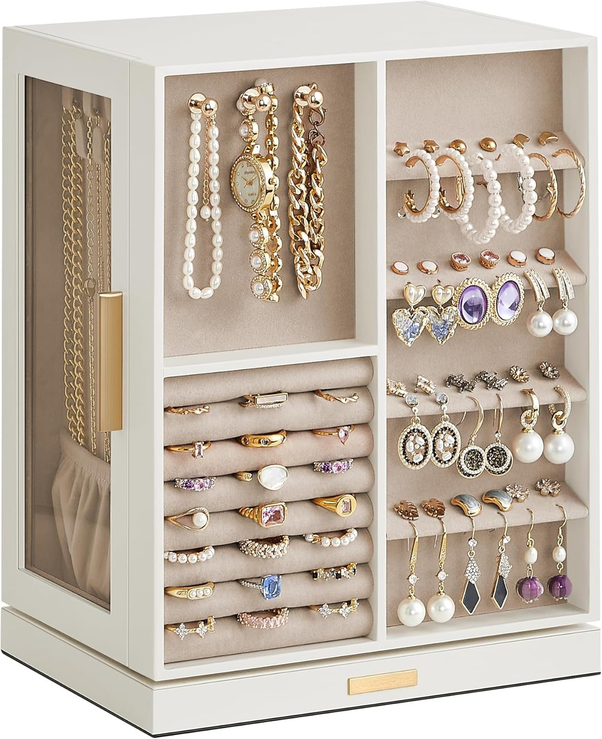 360° Rotating, Jewelry Storage Case with 5 Drawers, Jewelry Organizer, Glass Window