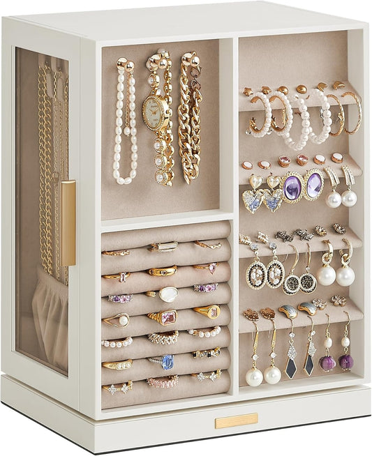 360° Rotating, Jewelry Storage Case with 5 Drawers, Jewelry Organizer, Glass Window