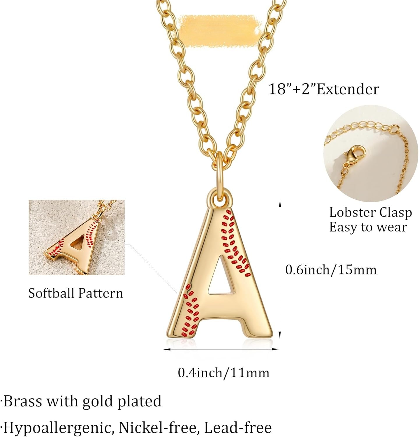 Softball Initial Necklace for Women Girls, Gold A-Z Letter Pendant Necklace Softball Baseball Mom Themed Jewelry Gifts