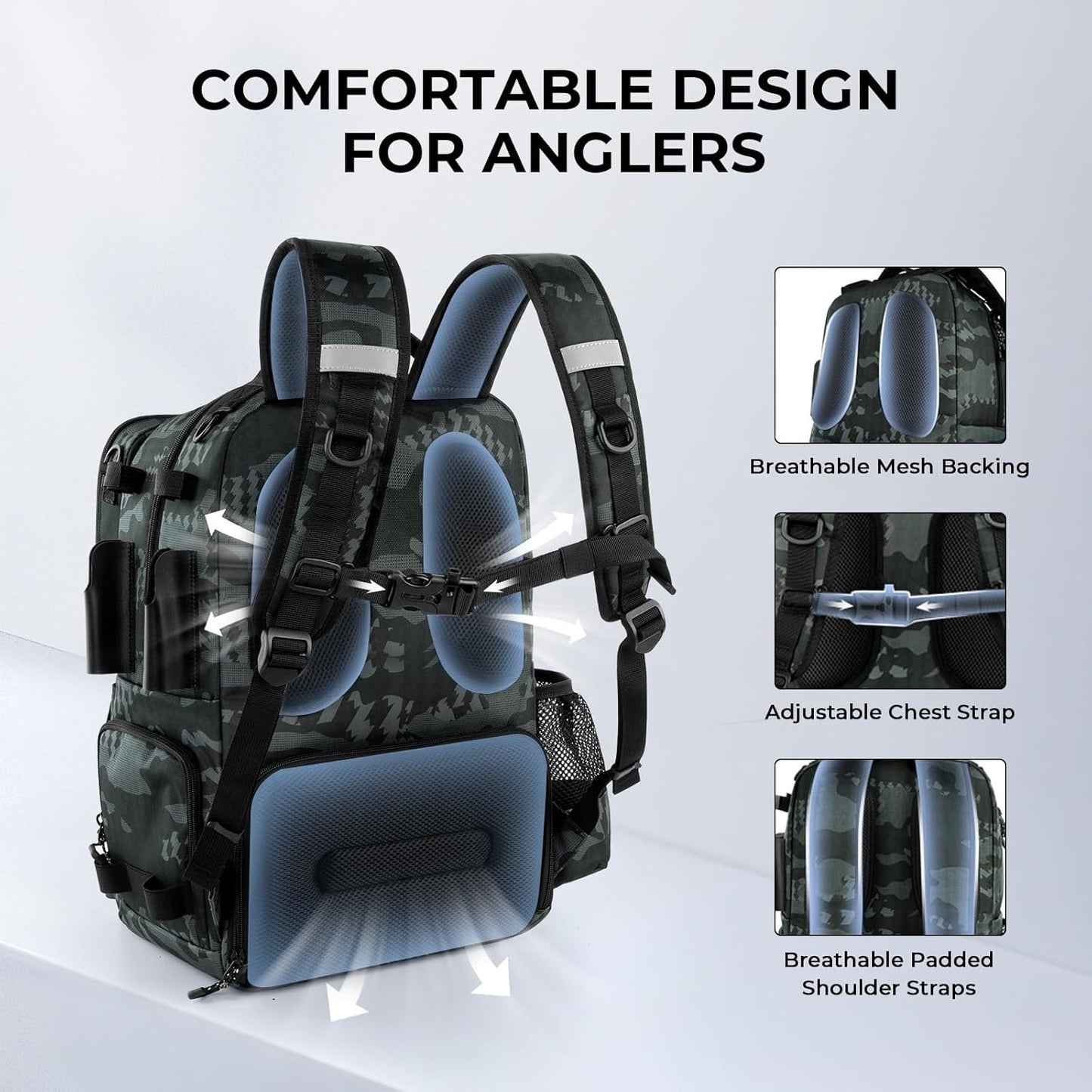 50L Fishing Tackle Backpack with Removable Bait Binder,2 Rod Holders Storage Fishing Gear and Equipment