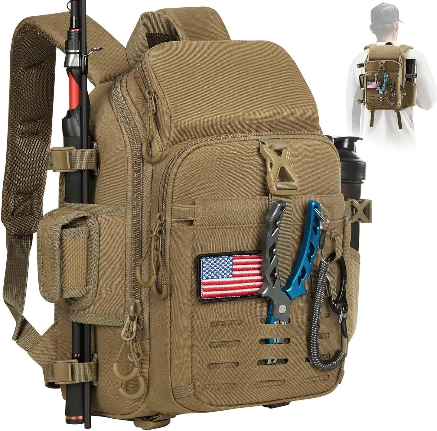 Fishing Tackle Backpack with Rod & Gear Holder, Lightweight Fishing Tackle Storage Bag with Protective Rain Cover