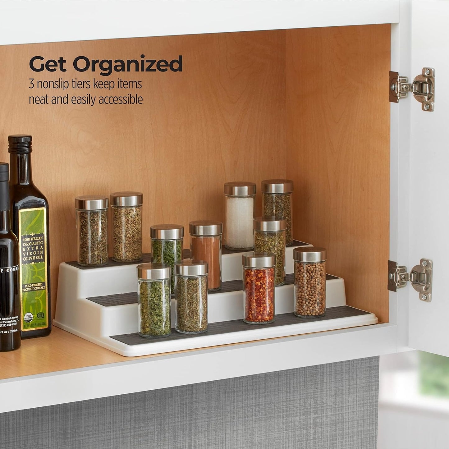 3-Tier Non-Skid Spice Rack Organizer for Kitchen Cabinet or Pantry, 15-Inch Tiered Shelf