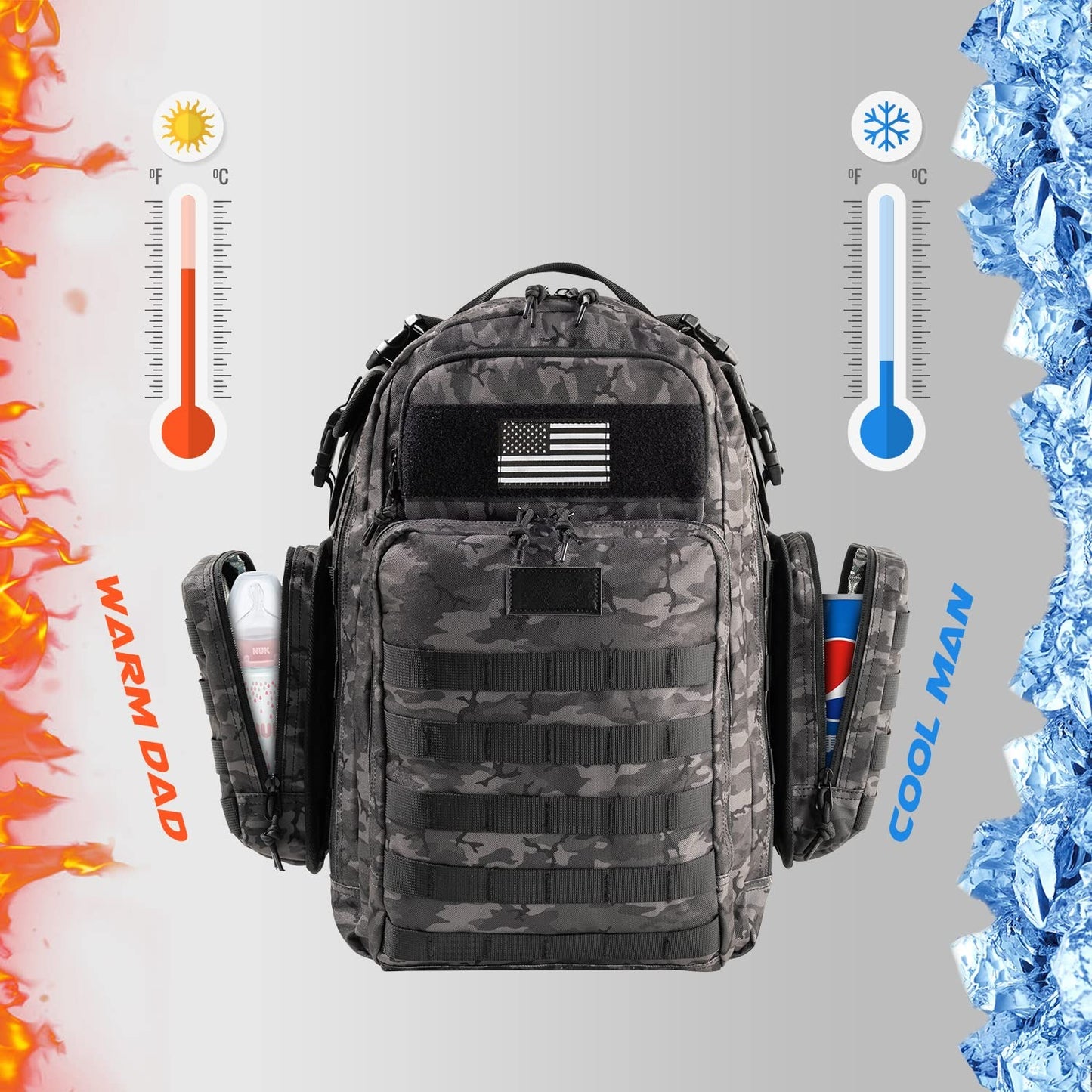 Mens Diaper Bag Backpack with Diaper Changing Mat, Waterproof Pouch, Baby Wipes pocket, Insulated Bottle Pockets