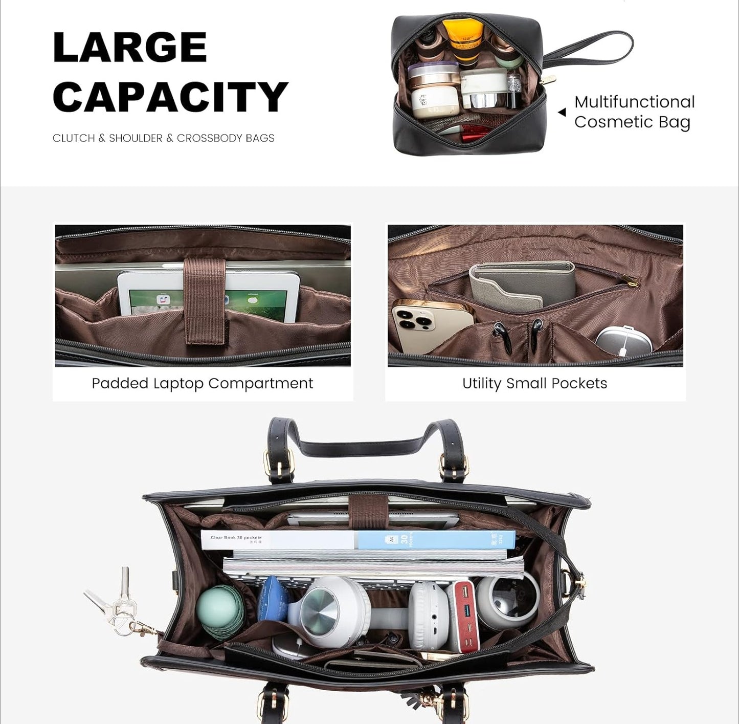 Women 15.6 inch Lightweight PU Laptop Tote Bag, Large Capacity Computer for Business, Work, Office, Travel