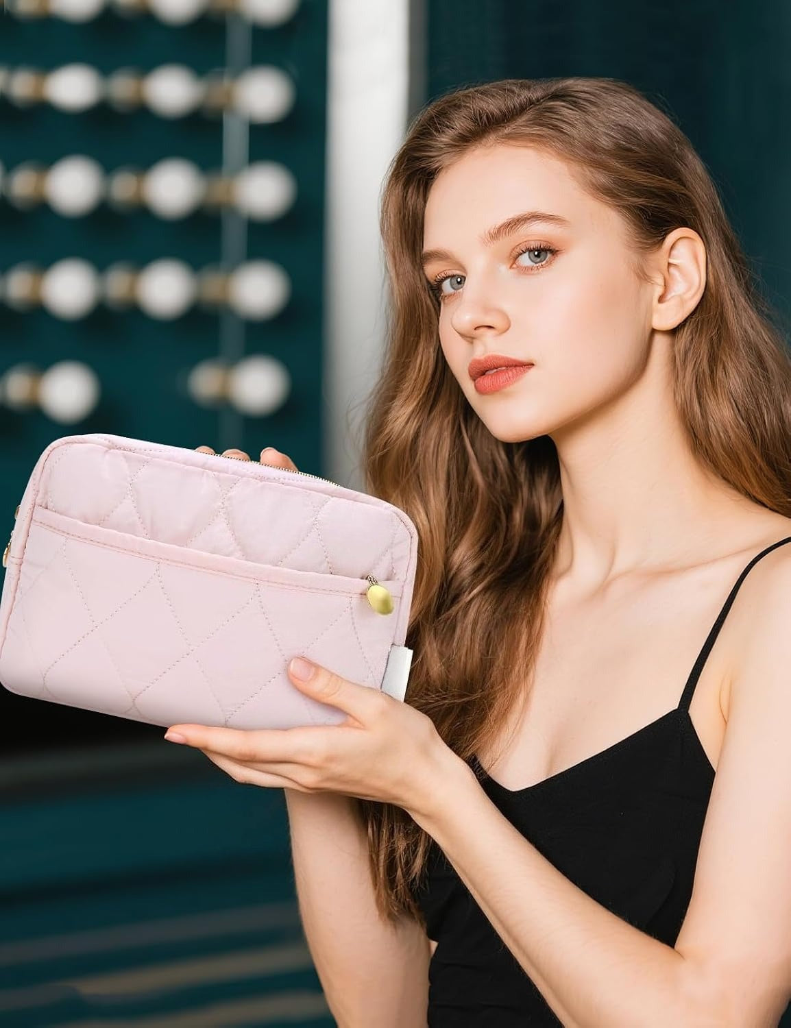 Makeup Bag, Travel Cosmetic Bag, Puffy Padded Toiletry Bag for Women, Wide-open Pouch Purse