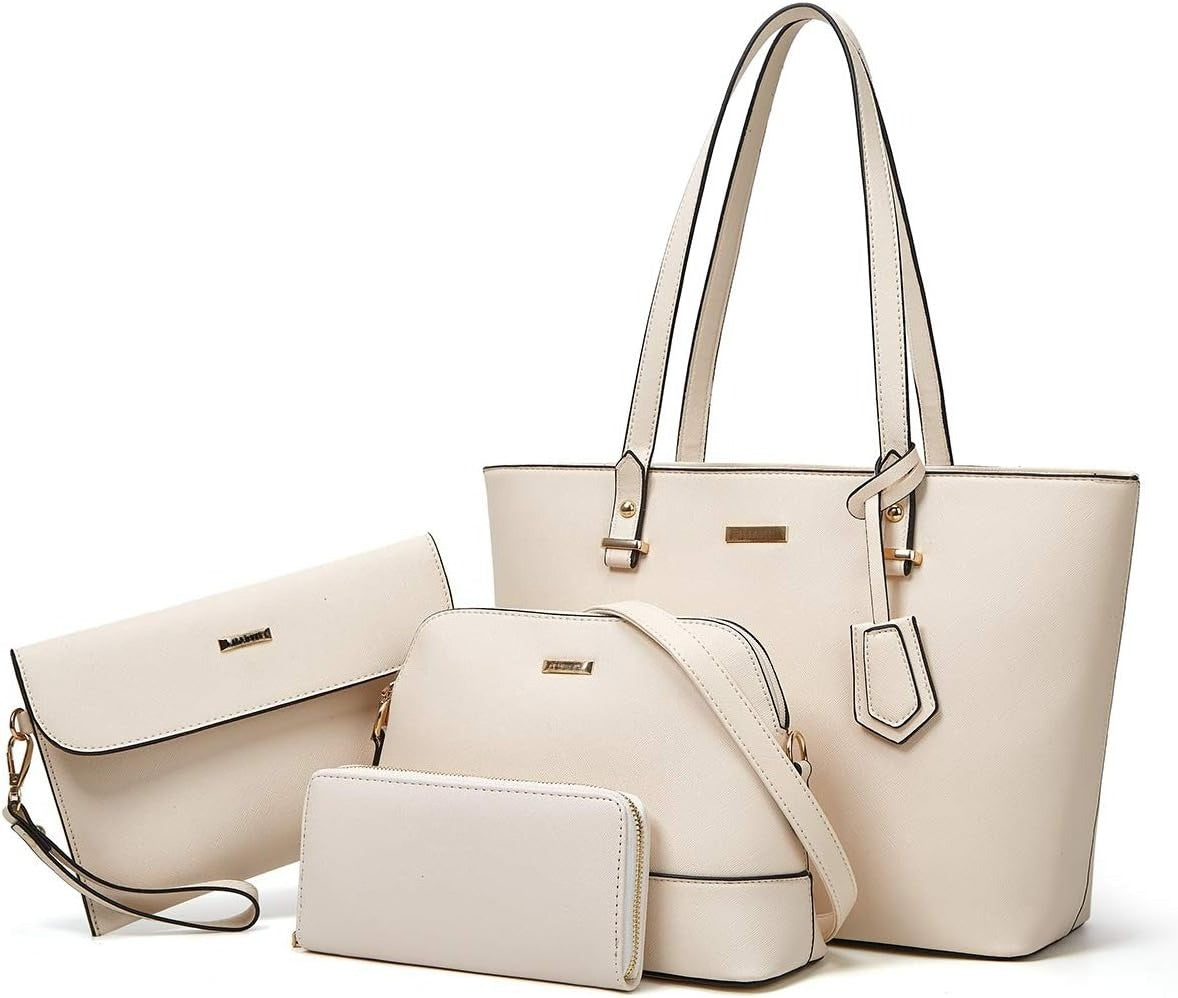 4Pcs Women Fashion Synthetic Leather Handbags Tote Bag Shoulder Bag Top Handle Satchel Purse Set