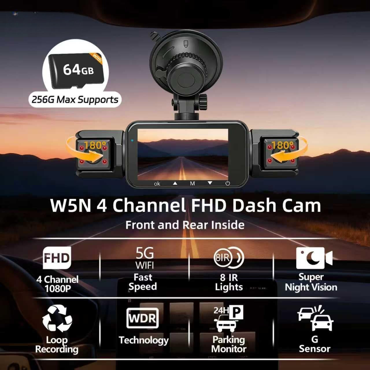 OMOMMD 4 Channel Dash Cam Front and Rear Cabin, Night Vision 8 IR Lamps Dash Camera for Cars, 5G WiFi for Download, G-Sensor, 24H/7 Parking Mode with 64GB Card,Support 256 GB Max (4 Channel-1)