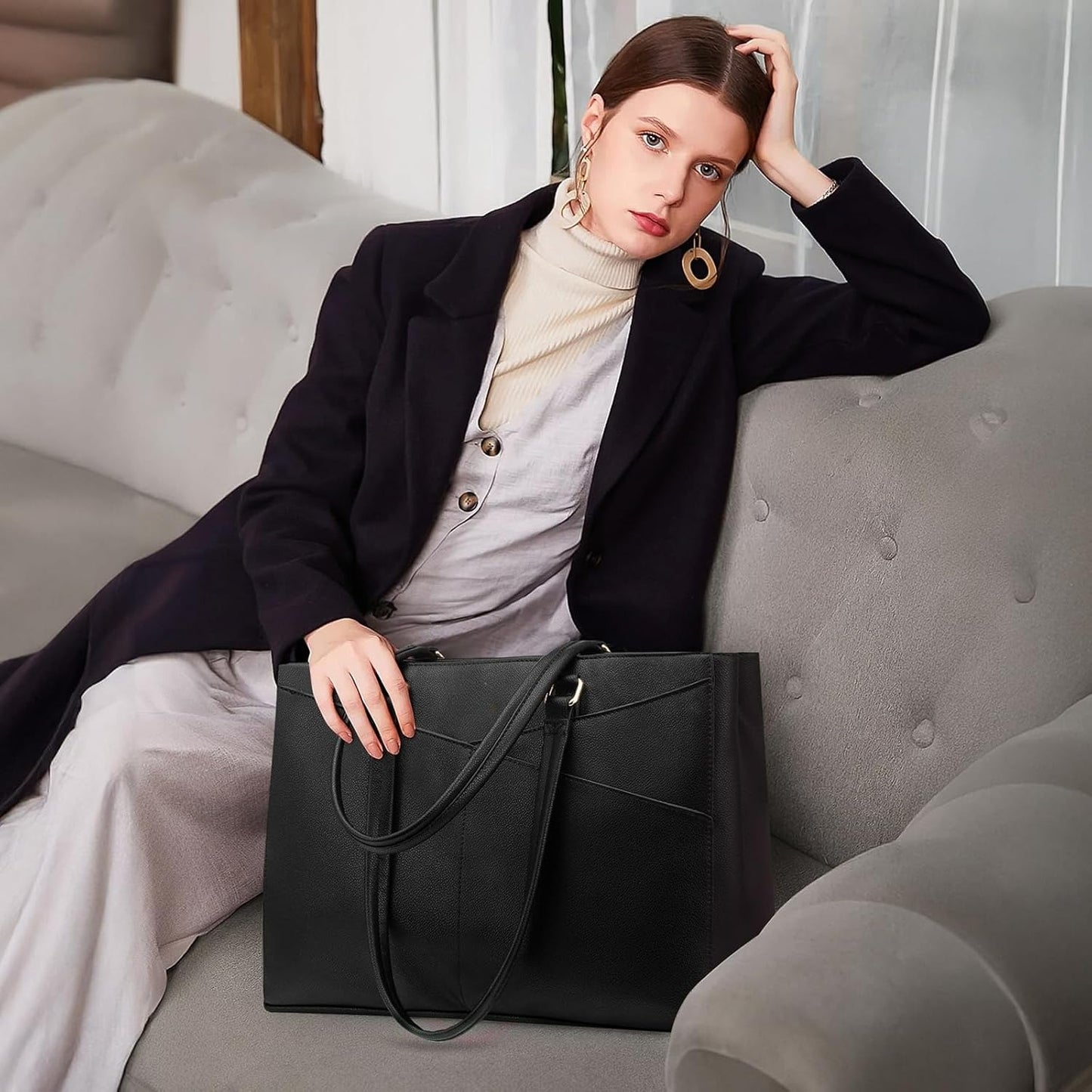 Laptop Tote Bag for Women 15.6 Inch Waterproof Leather Computer Bags Business Office Work Briefcase