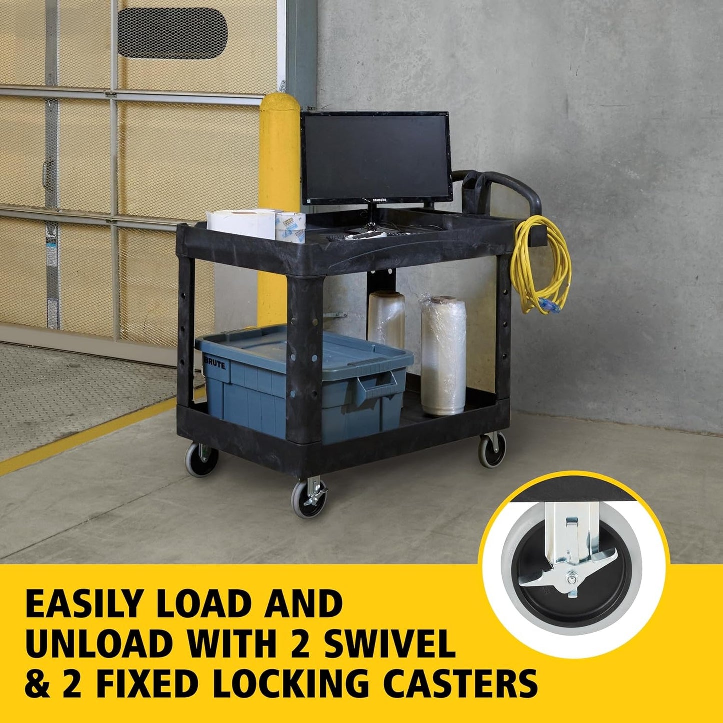2-Shelf Utility/Service Cart, Medium, Black, Lipped Shelves, Warehouse/Garage/Cleaning