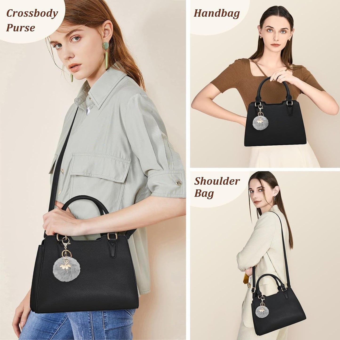 Women's Top Handle Tote Bag PU Faux Leather Shoulder Bag Women's Wallet Handbag with Cute Pom Pom