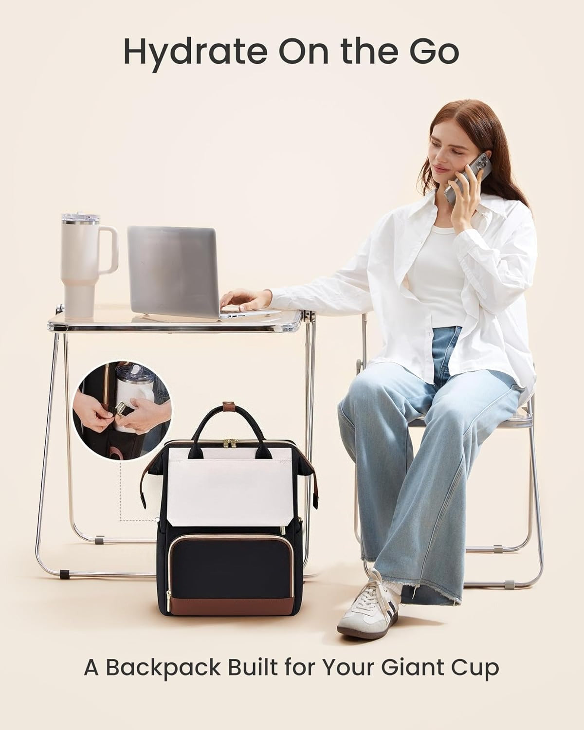 Laptop Backpack for Women with Giant Tumbler Holder Pocket, 15.6 inch Travel Work Backpack