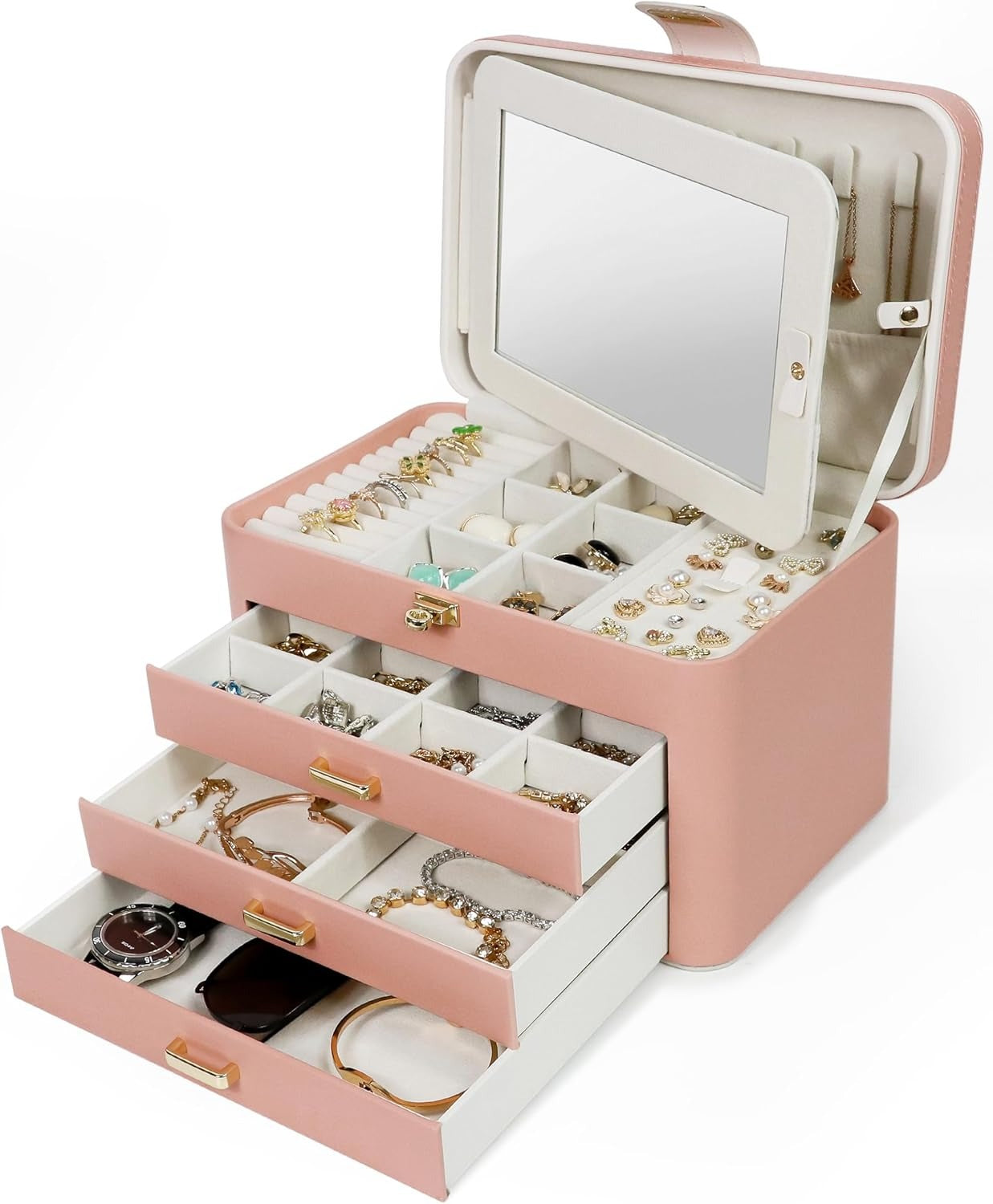 4 Layer Jewelry Organizer with Mirror, 3 Drawers, Jewelry Storage Box, for Earring, Necklace, Bracelet, Ring