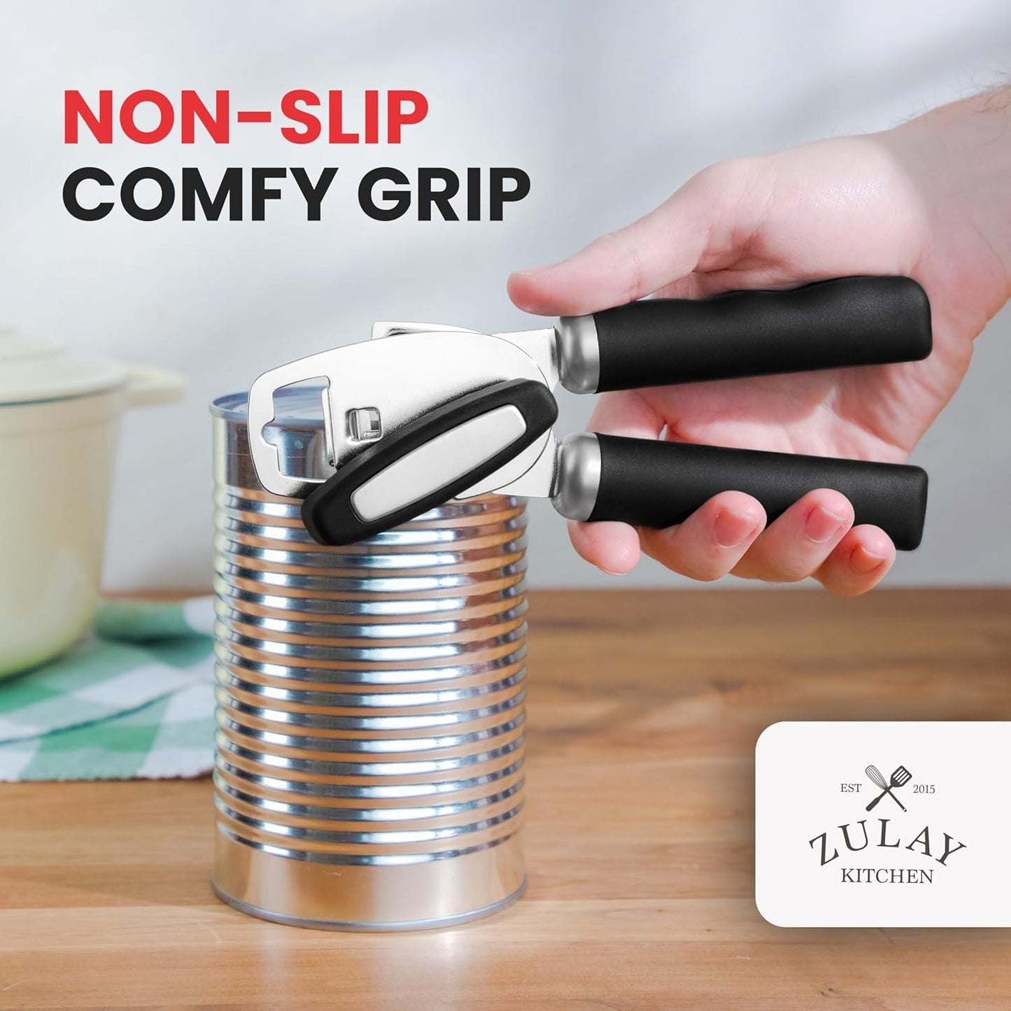 with Bottle Opener - Rust Proof Manual Can Opener With Turn Knob & Comfy Soft Grip Handles