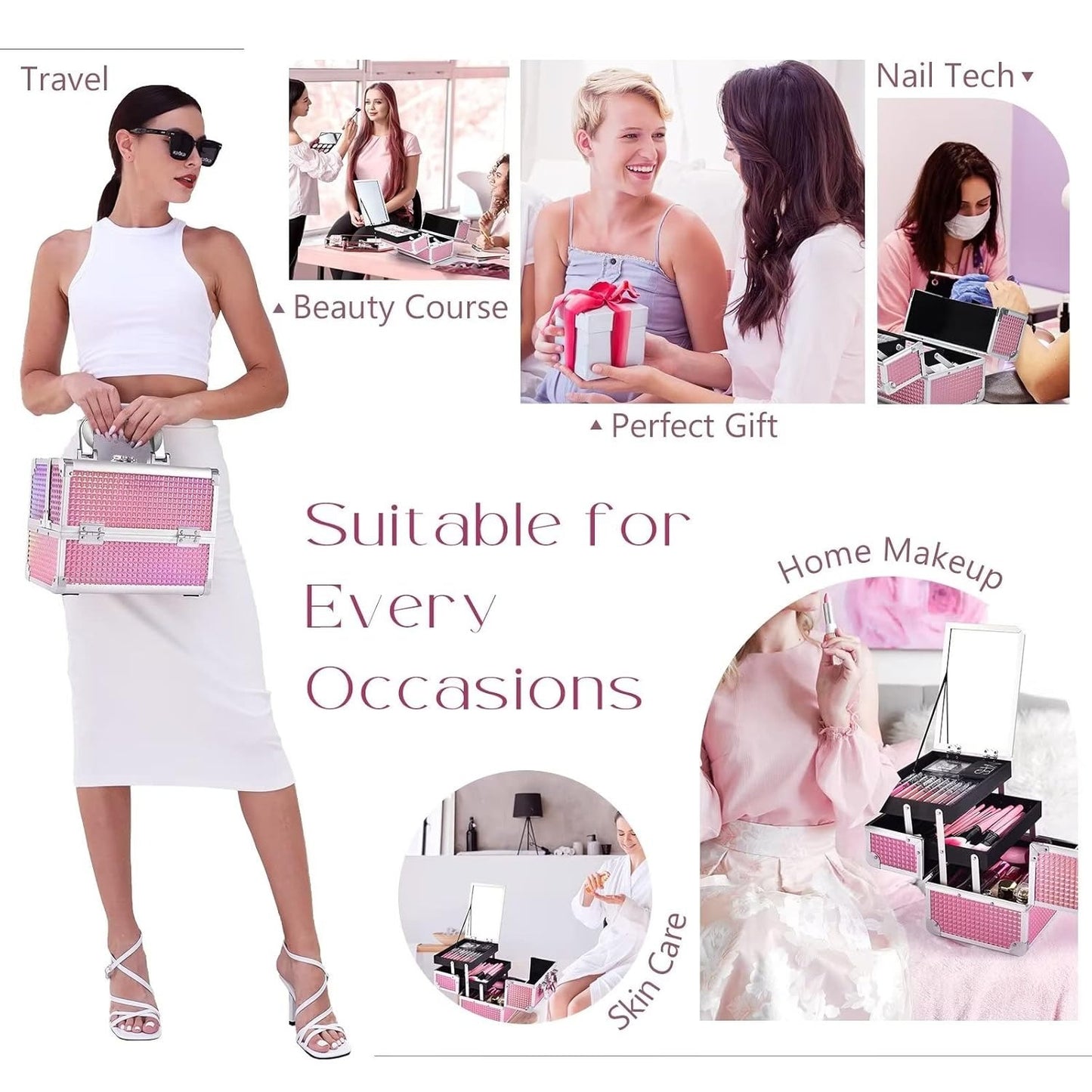 Makeup Organizer Portable Cosmetic Box Storage with 2 Trays Mirror Locking Make Up Travel Case