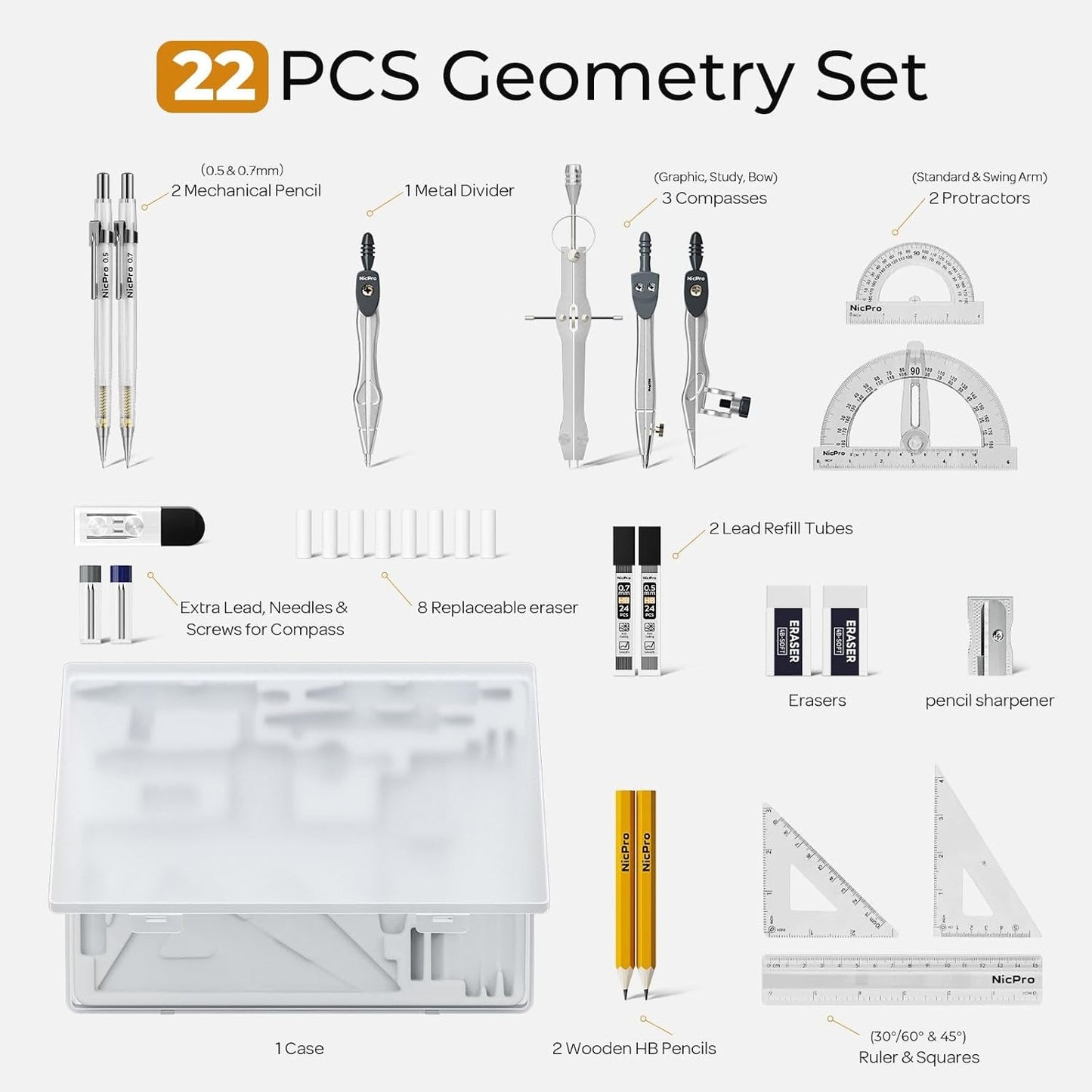 OMOMMD 22 PCS Compass Geometry Tools with Case, Drafting Tools Geometry Set with Swing Arm Protractor, Rulers, Metal Compass, Square Set, Mechanical Pencil, Back to School Supplies for Students