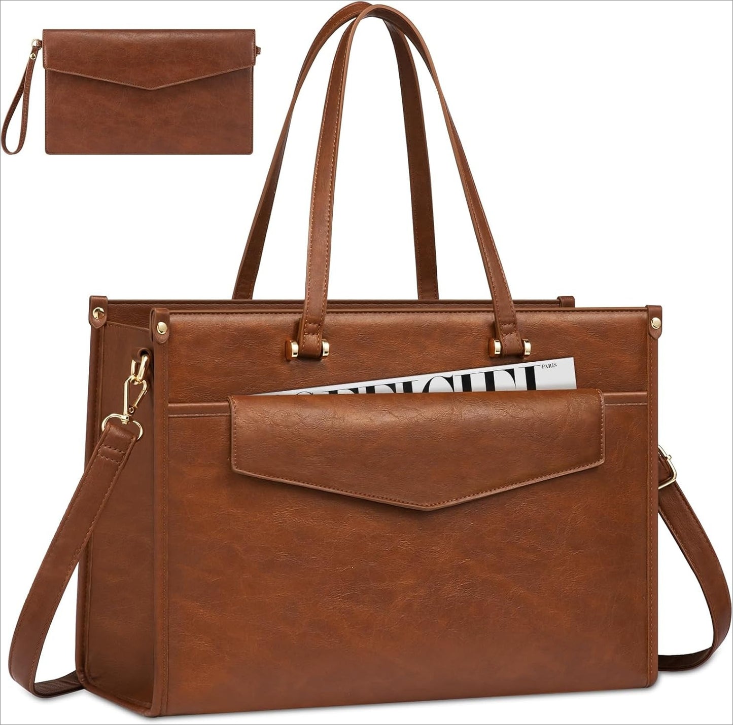15.6'' Laptop Tote Purse 2-in-1 Professional Business Briefcase with Clutch Purse, Waterproof Leather