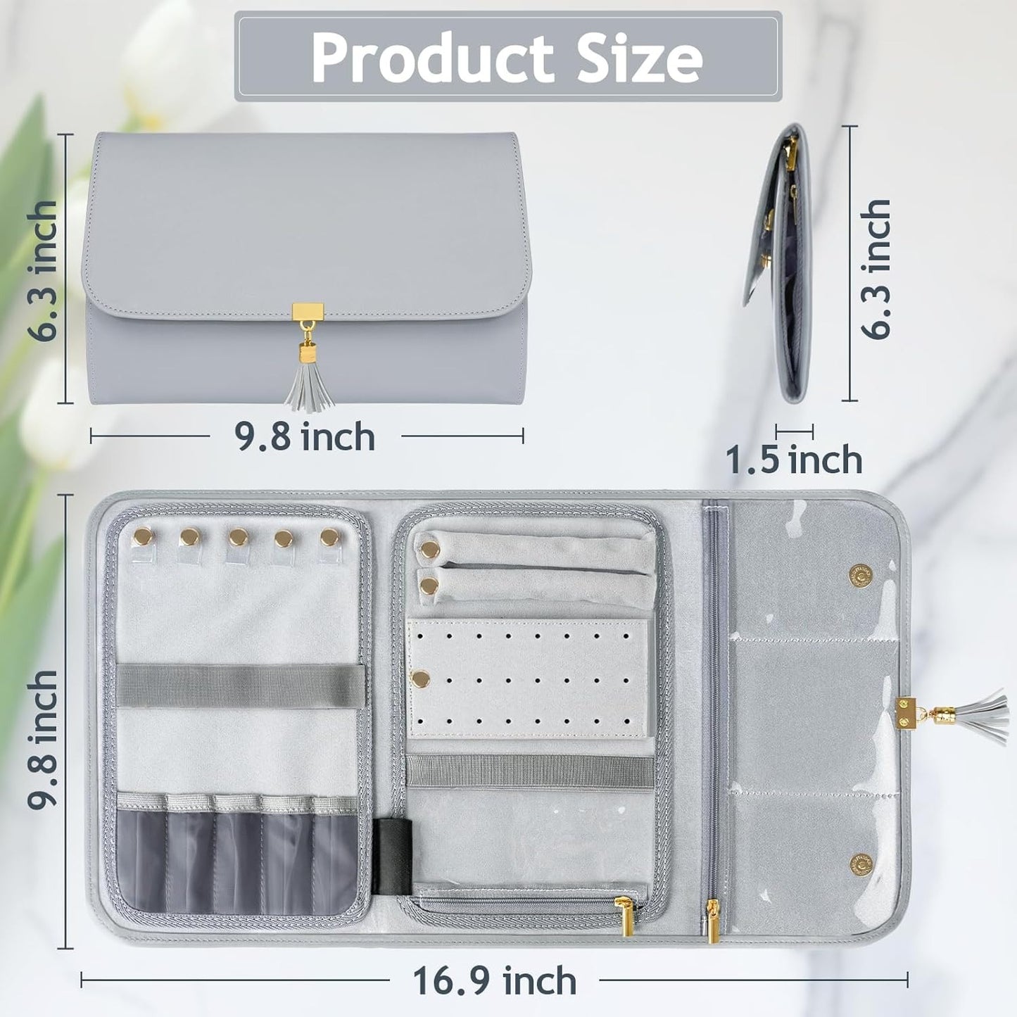 Jewelry Travel Organizer , Portable Leather Jewelry Storage Roll Bag Envelope Clutch