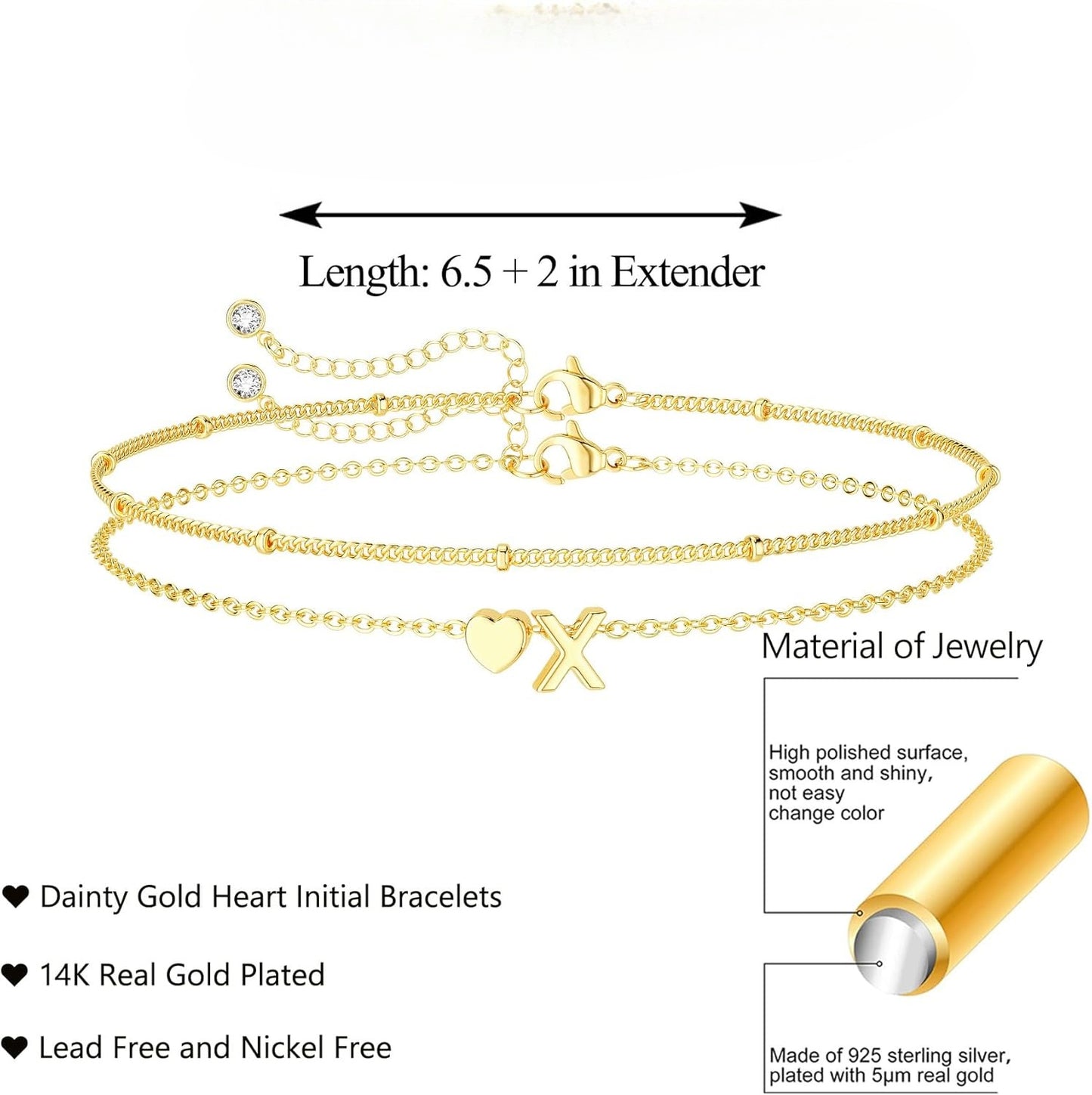 Dainty Initial Heart Gold Bracelets for Women Trendy, 14K Real Gold Letter Charm Bracelet Jewelry
