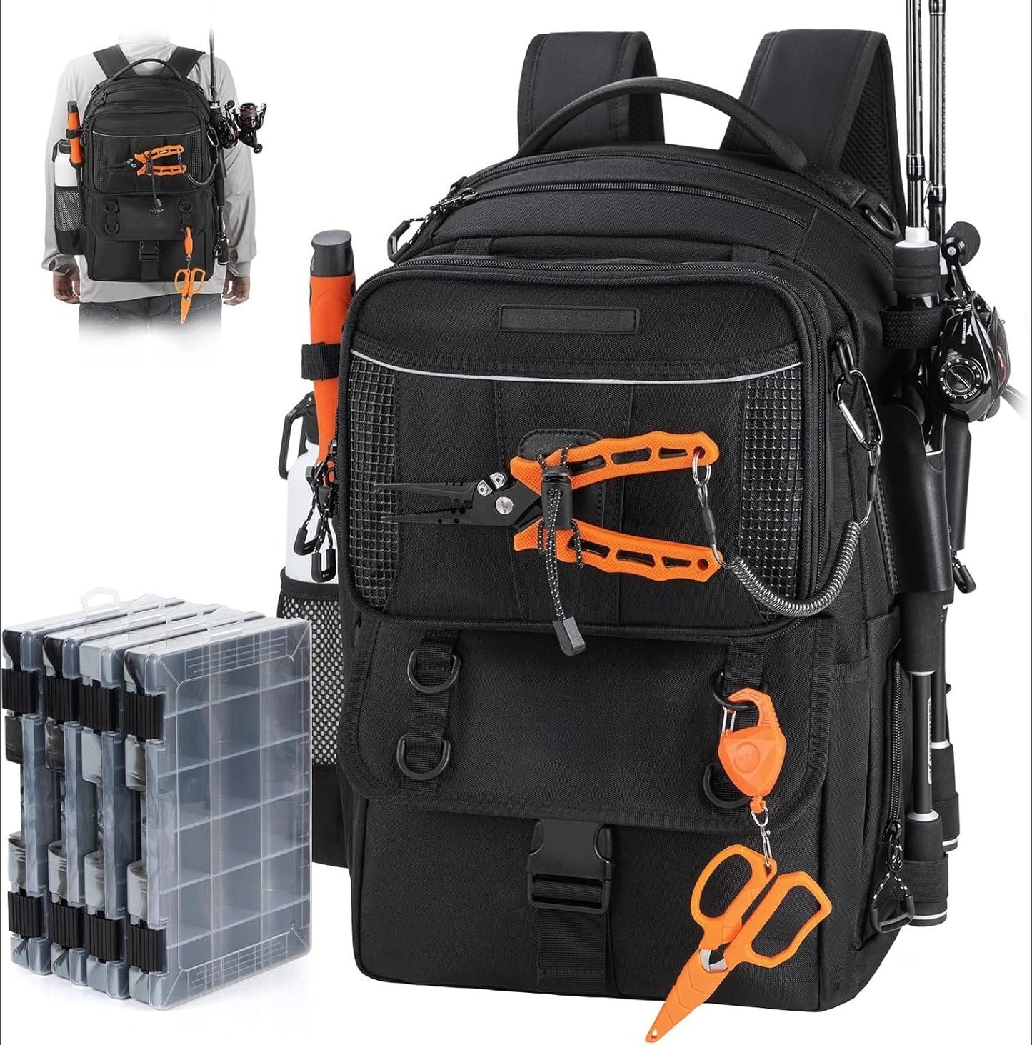 50L Fishing Tackle Backpack with Removable Bait Binder,2 Rod Holders Storage Fishing Gear and Equipment