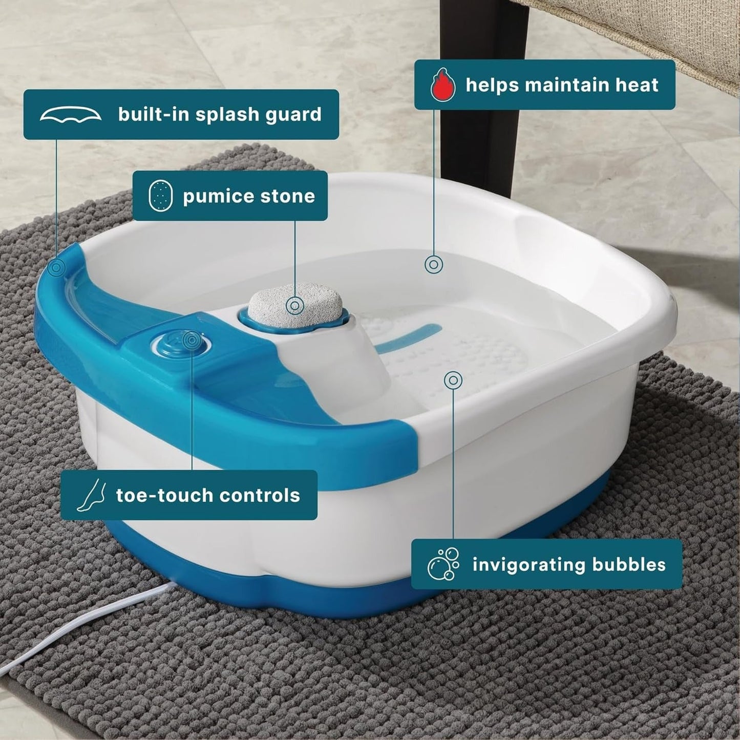 OMOMMD Bubble Mate Foot Spa, Toe Touch Controlled Foot Bath with Invigorating Bubbles and Splash Proof, Raised Massage Nodes and Removable Pumice Stone