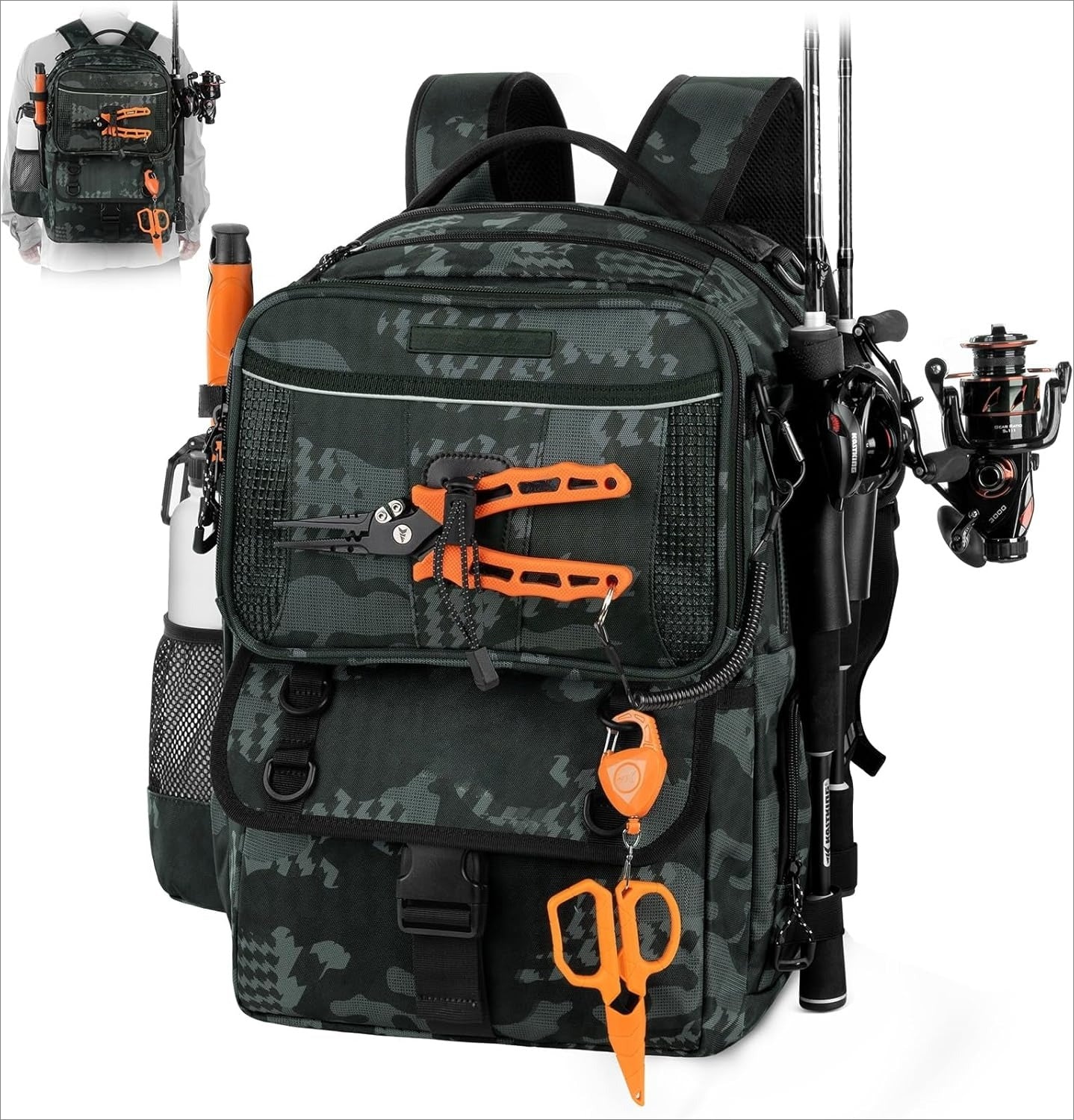50L Fishing Tackle Backpack with Removable Bait Binder,2 Rod Holders Storage Fishing Gear and Equipment