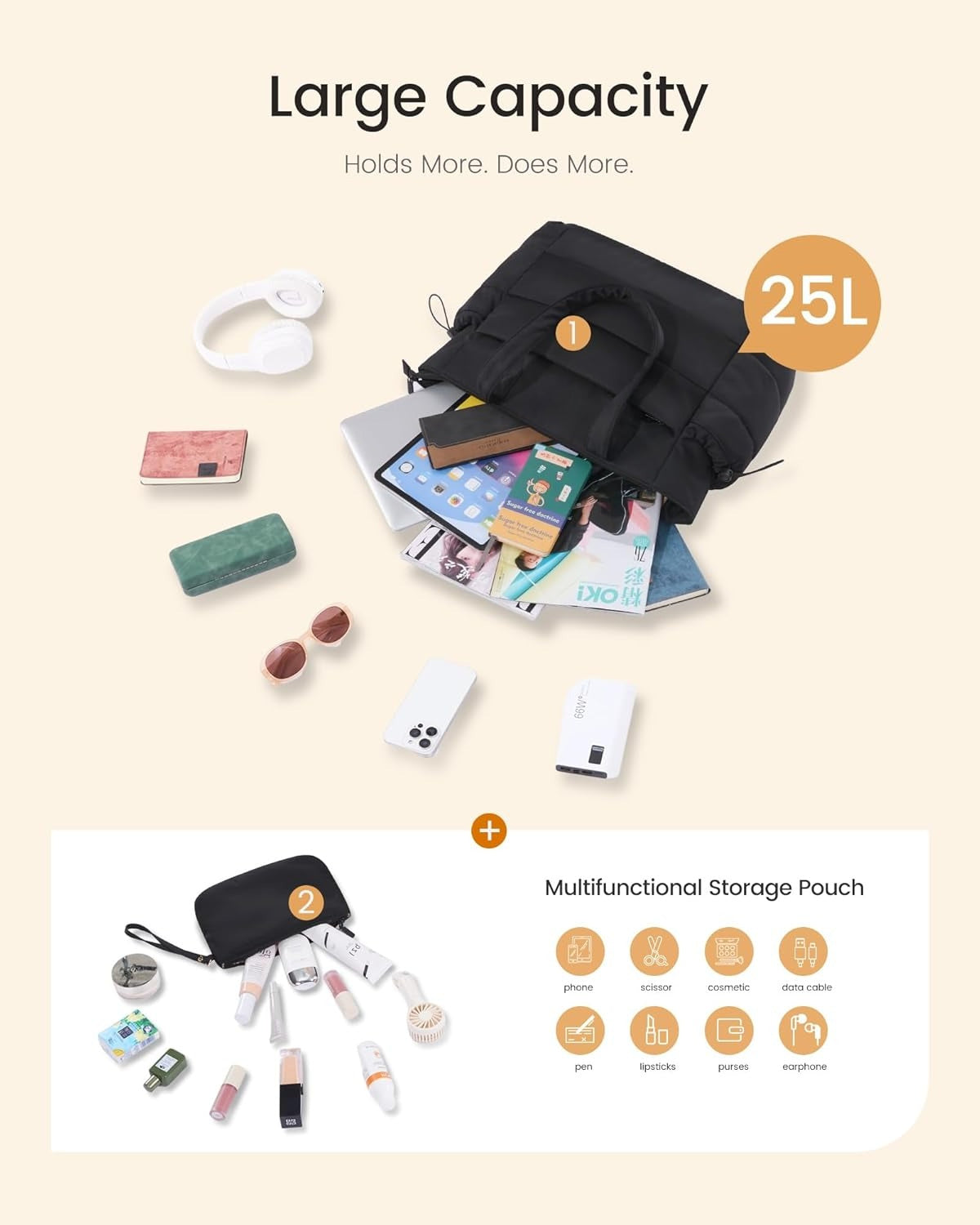 Tote Bag for Women with Giant Tumbler Holder Pocket, Puffer Work Travel Laptop Handbag with Zipper