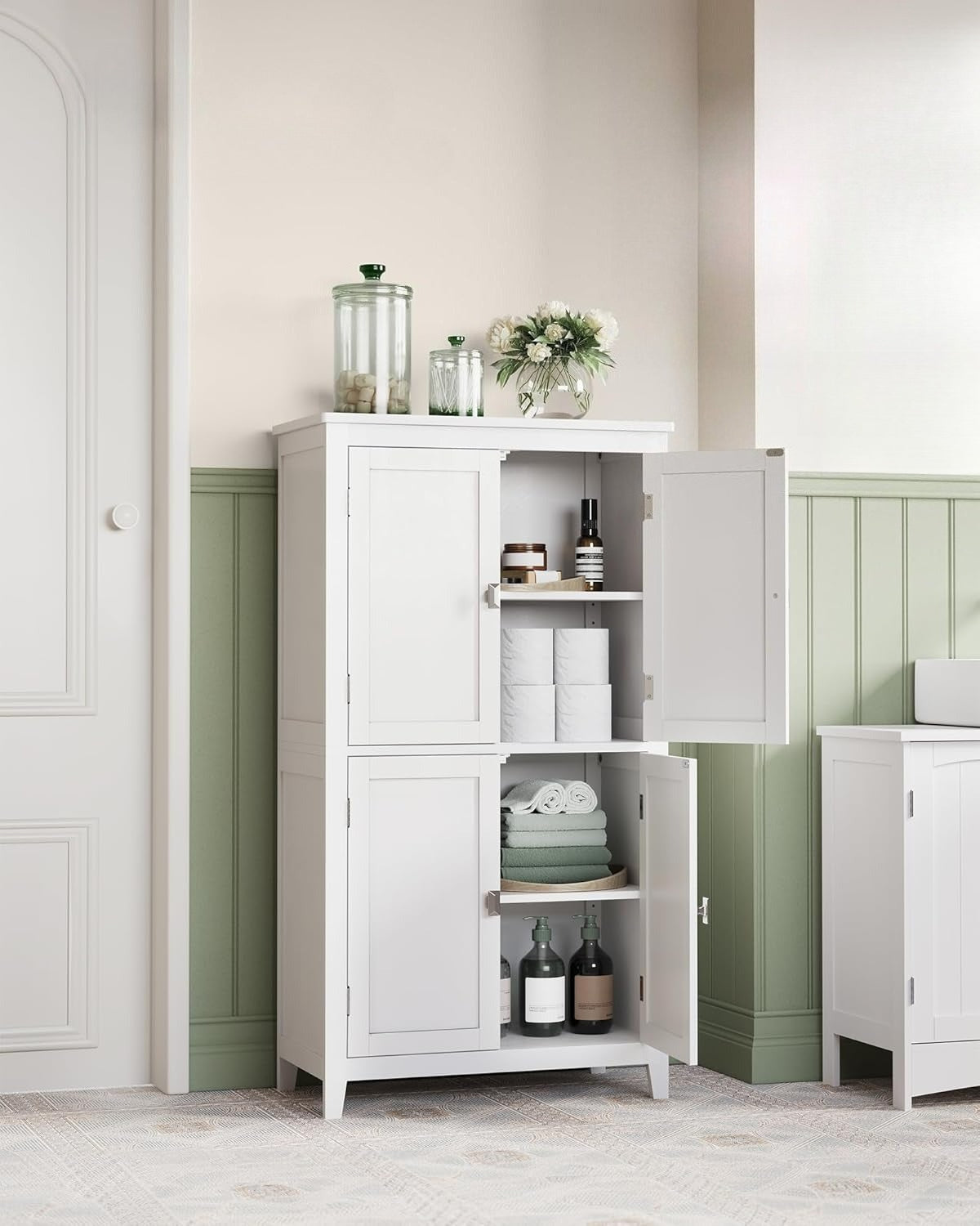 Floor Storage Cabinet, Freestanding Storage Unit with 4 Doors, Adjustable Shelves, for Entryway, Bathroom