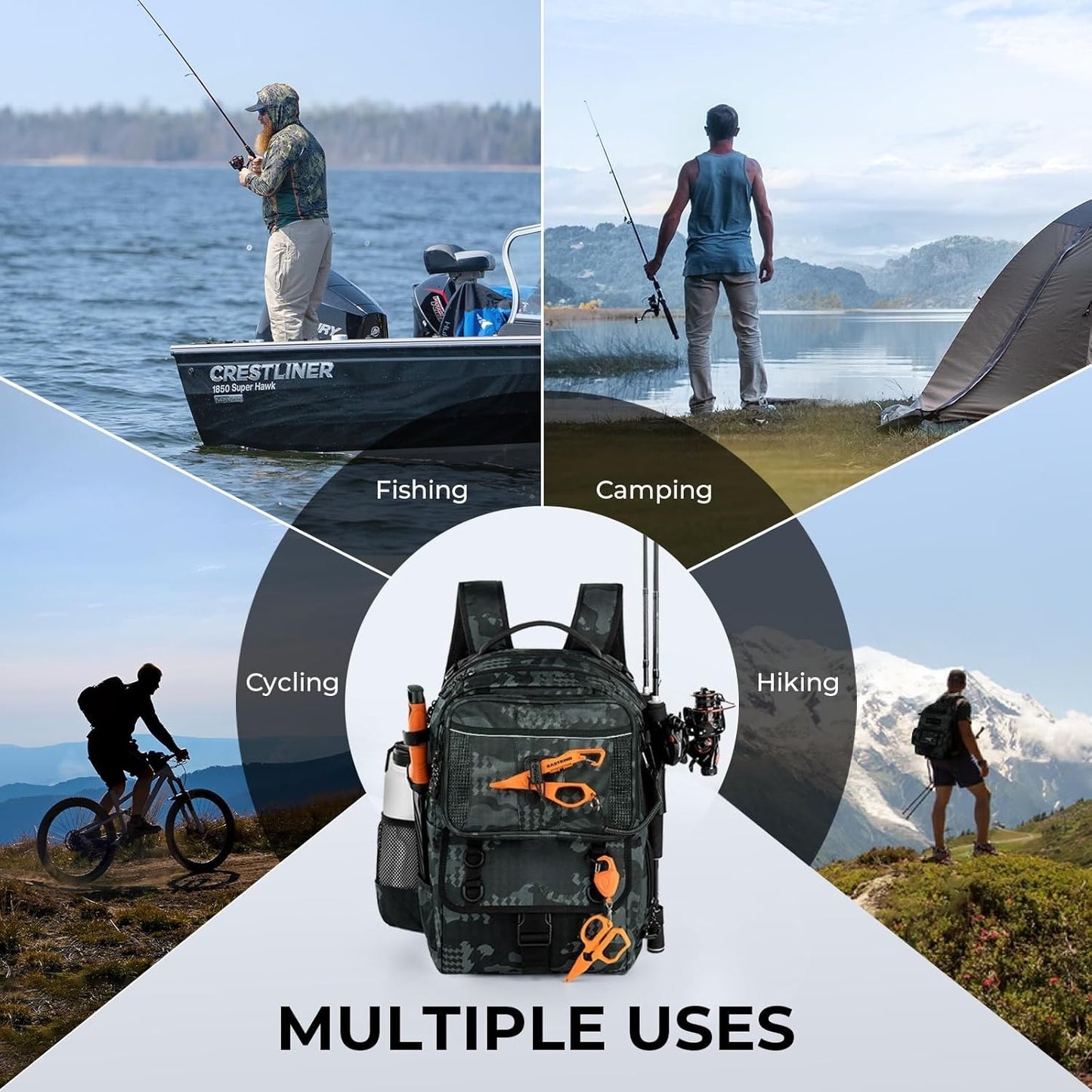50L Fishing Tackle Backpack with Removable Bait Binder,2 Rod Holders Storage Fishing Gear and Equipment