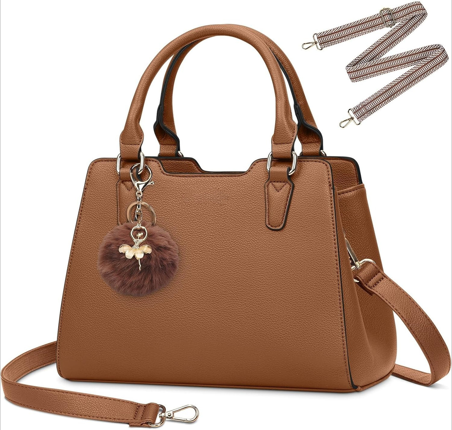 Women's Top Handle Tote Bag PU Faux Leather Shoulder Bag Women's Wallet Handbag with Cute Pom Pom